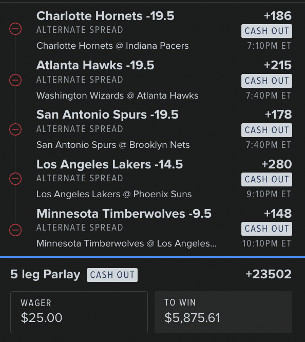 ColesAlgoPicks's tweet photo. 5 LEG ALT SPREAD BOMB 💣🔥

• Hornets -19.5 (+186)
• Hawks -19.5 (+215)
• Spurs -19.5 (+178)
• Lakers -14.5 (+280)
• Timberwolves -9.5 (+148)
+23502 🤯
$25 ➝ $5,875.61
Blowouts only. No sweat… or full sweat 😈
#NBA #AltSpread #Parlay https://t.co/8LD6Wd6vRZ