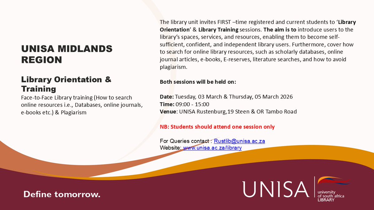 UnisaMidRegion's tweet photo. Invitation to Face-to-Face Library Orientation and Training.

Date: 3 &amp; 4 March 2026
Time: 09:00-15:00
Venue: Unisa Rustenburg https://t.co/KpqLYSuywH