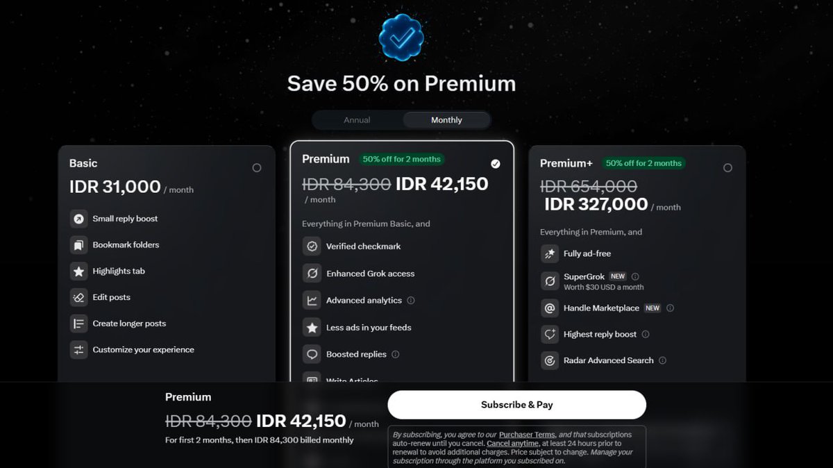 Kemaren dapat penawaran diskon 50% Premium di X → Rp 42.150/bulan doang! Langsung gas lah, daripada ntar nyesel pas balik normal Rp 84rb wkwk.
Sekalian coba monetise &amp; dapat gaji dari mang Elon 😁