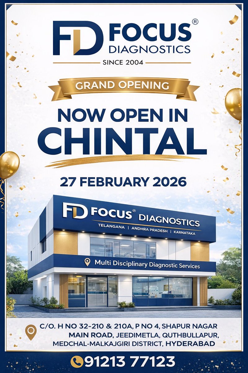 FocusDiagno's tweet photo. Focus Diagnostics is now open in Chintal, Shapur Nagar (Jeedimetla), Hyderabad from 27 February 2026.
π Shapur Nagar Main Road, Jeedimetla
π 91213 77123
#FocusDiagnostics #Chintal #ShapurNagar #Jeedimetla #HyderabadDiagnostics #BloodTestInChintal #LabNearMe #MedchalMalkajgiri https://t.co/36l3GrNIJ6
