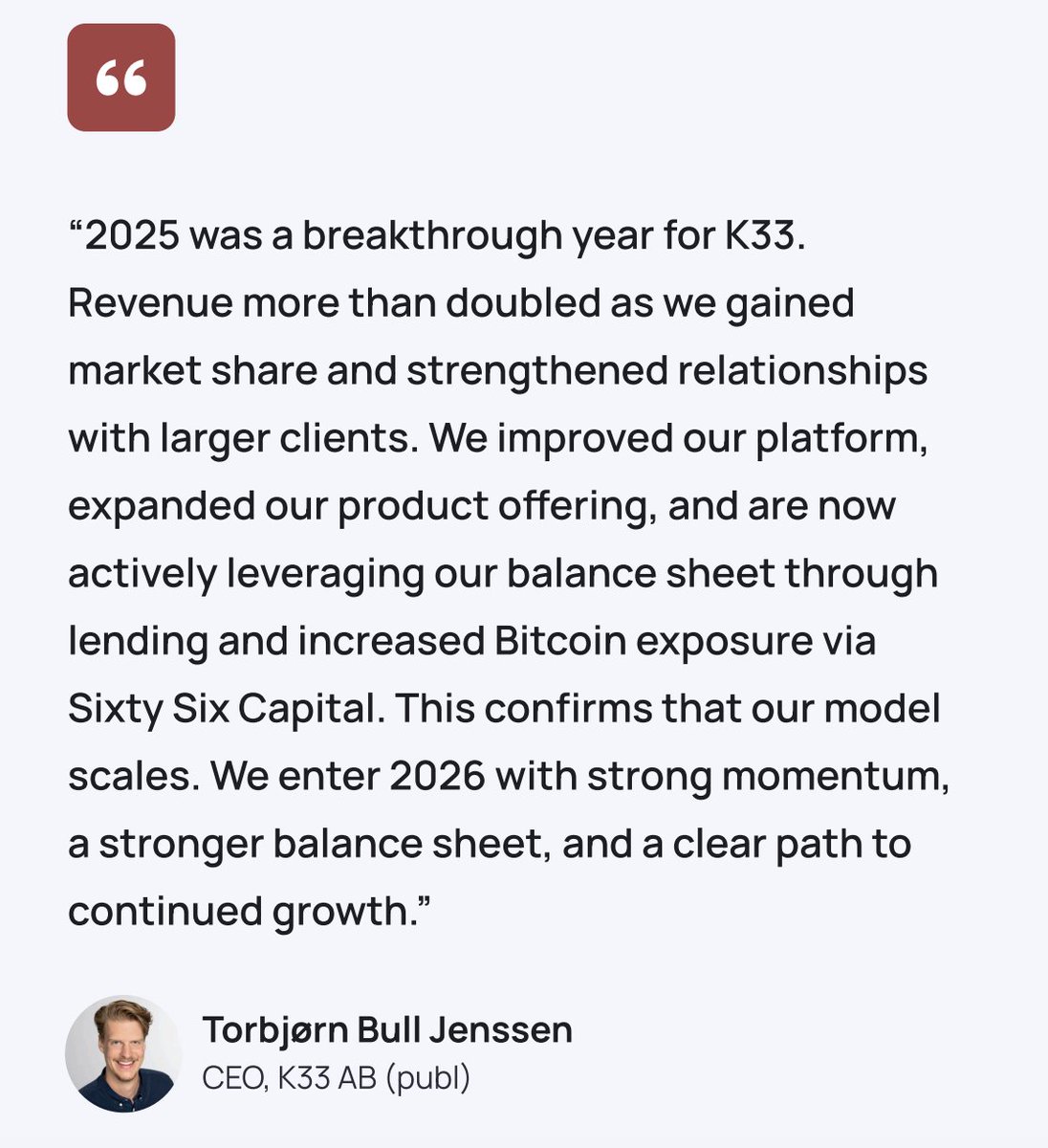 K33HQ's tweet photo. K33 Publishes Q4 and Year-End Report for 2025

Revenue more than doubled in 2025 with continued momentum into 2026. 

Read the full report here: https://t.co/OHoAl58GGg