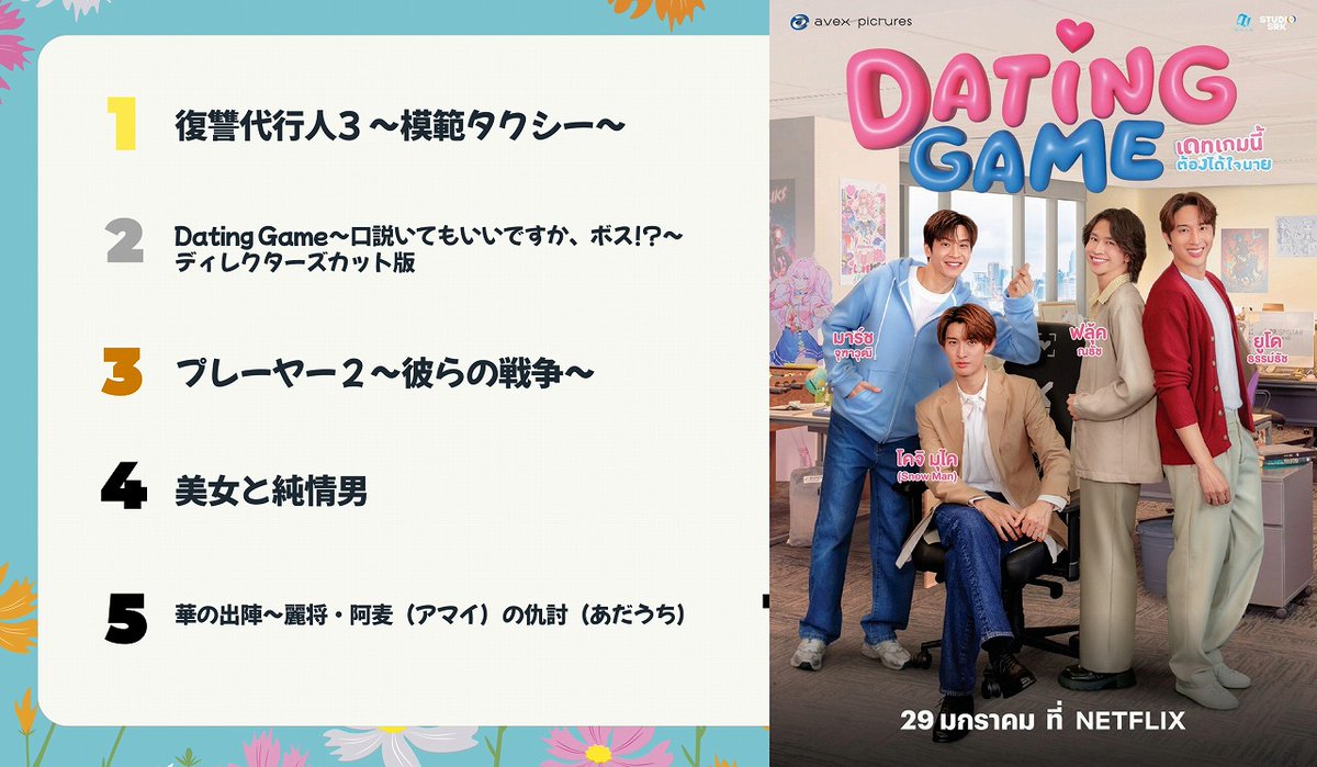 XBomberThailand's tweet image. 2026年1月のLemino韓流・アジア人気ランキング！２位に向井康二主演『Dating Game～口説ボス』 
#DatingGame #向井康二 (#SnowMan ) #マーチ・チュターウット・パッタラガムポン #口説くボス

x-bomberth.com/20260226dating…