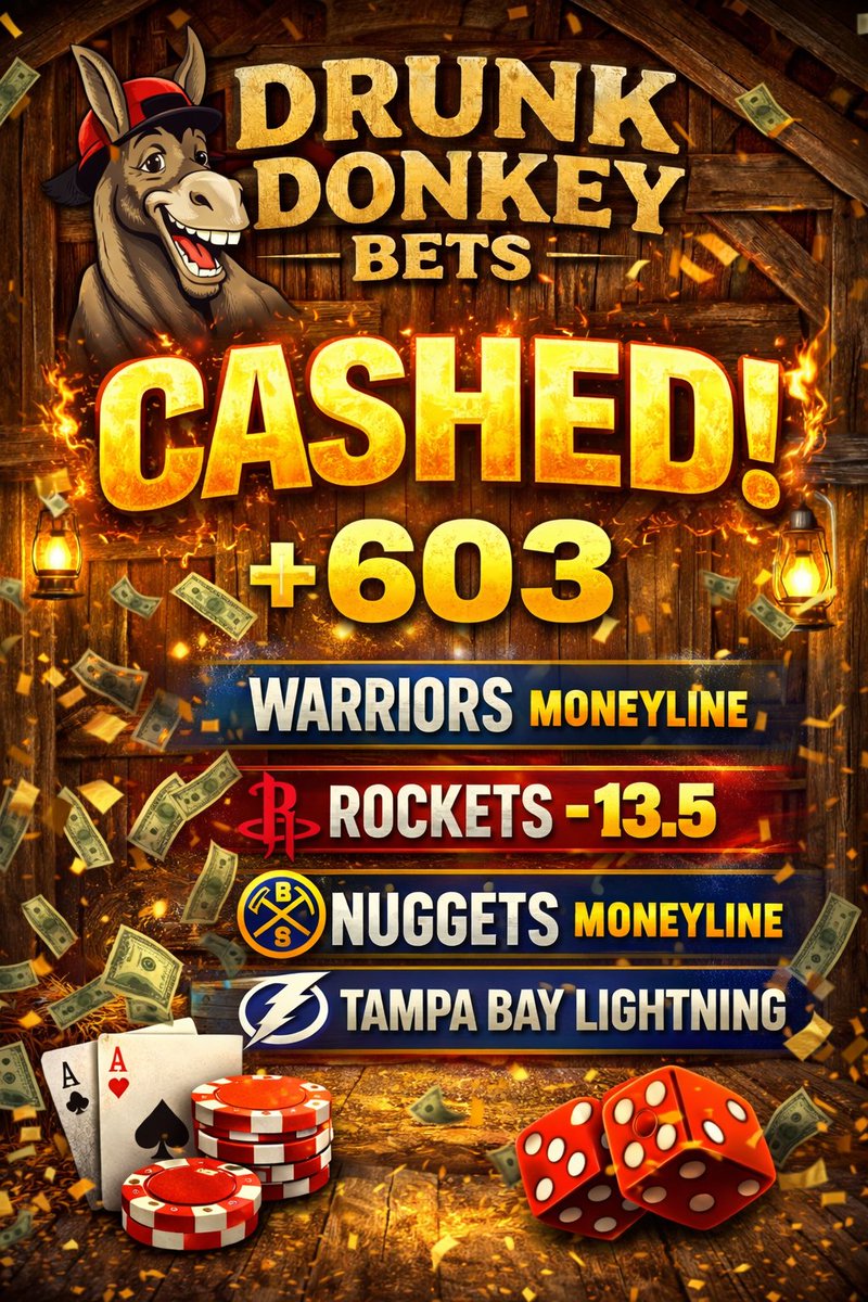 DDonkeyBetsOG's tweet photo. 🐴💰 POWERPLAY PARLAY CASHED 💰🐴
+603 ✅
Warriors ML ✔️
Rockets -13.5 ✔️
Nuggets ML ✔️
Lightning ML ✔️
4 legs.
One ticket.
BIG payout.
If you tailed… we’re eating tonight 😈🔥
#DrunkDonkeyBets #ParlayHit #GamblingTwitter #NBAPicks #NHLBets #SportsBettingX https://t.co/Wajzp5DxLm
