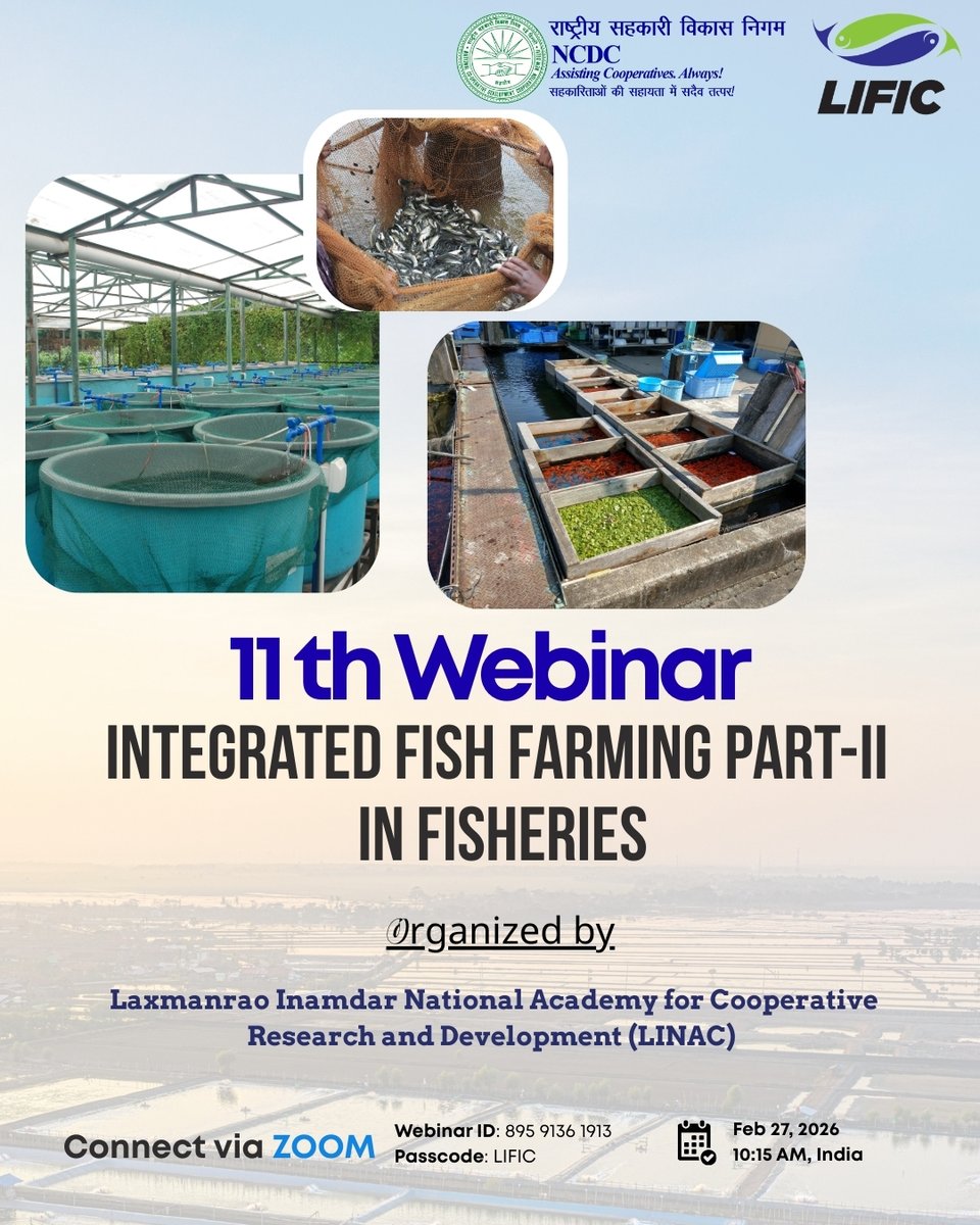 mdncdc's tweet image. National Cooperative Development Corporation – LINAC is organizing its 11th webinar titled “Integrated Fish Farming for Fisheries. You can join via Zoom using 
Join from PC, Mac, iPad, or Android
Zoom Link: us06web.zoom.us/j/89591361913?…
Webinar ID: 895 9136 1913 and Passcode: LIFIC.