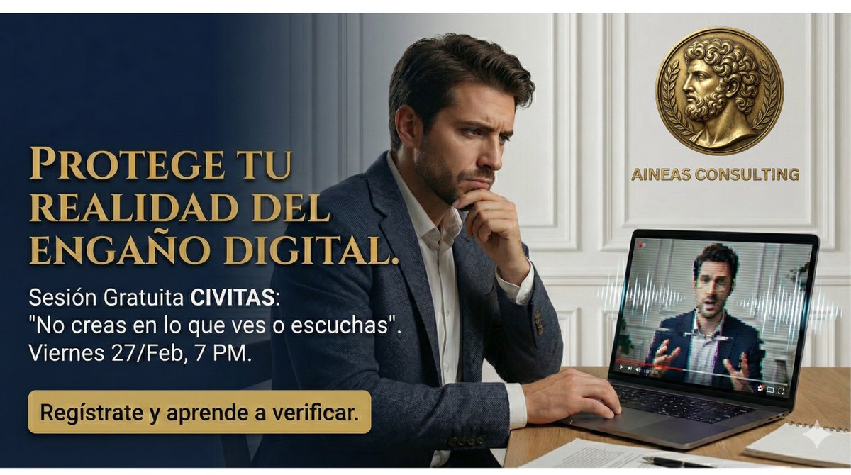 Aineas_MX's tweet photo. Únete a la sesión muestra del curso CIVITAS de Aineas Consulting. Aprenderás a detectar las grietas en la ilusión digital antes de que sea demasiado tarde.

Tema: Deepfakes y Clonación de Voz.
Viernes 27 de Febrero, 7:00 PM.

Registro: https://t.co/dtG5oLL138
#Ciberseguridad https://t.co/Qk529adBg2