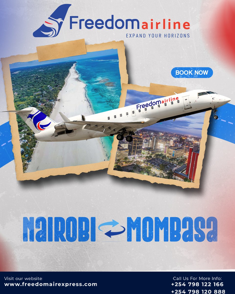 FreedomAirKe's tweet image. Weekend plans in Mombasa? 
Fly Freedom Airline for fast, comfortable travel and unbeatable round-trip fares.
Book now 👉 freedomairexpress.com

#TravelWithFreedom #ExpandYourHorizons #FreedomAirline