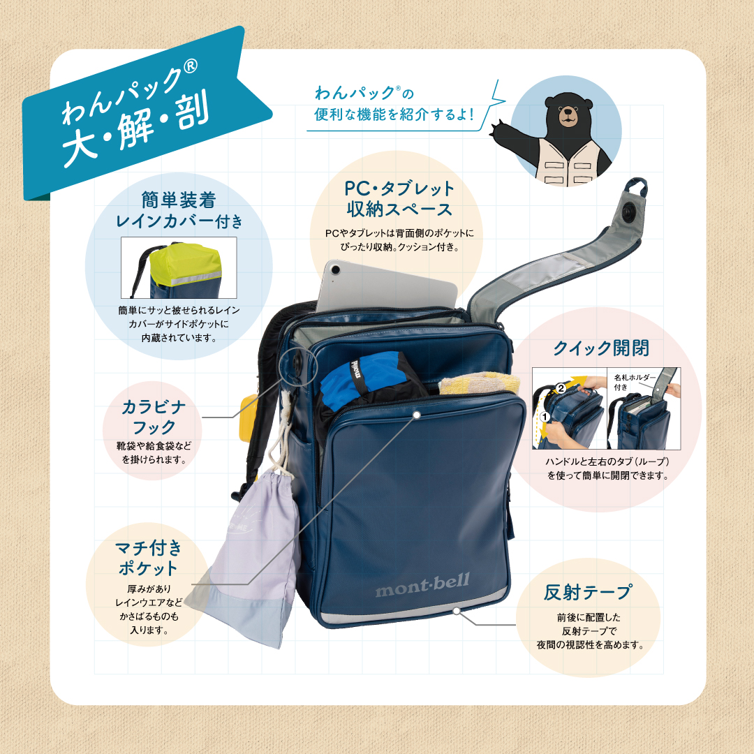モンベルが手がける高機能な通学用バックパック「わんパック」。従来の モンベルが手がける高機能な通学用バックパック「わんパック」。従来の