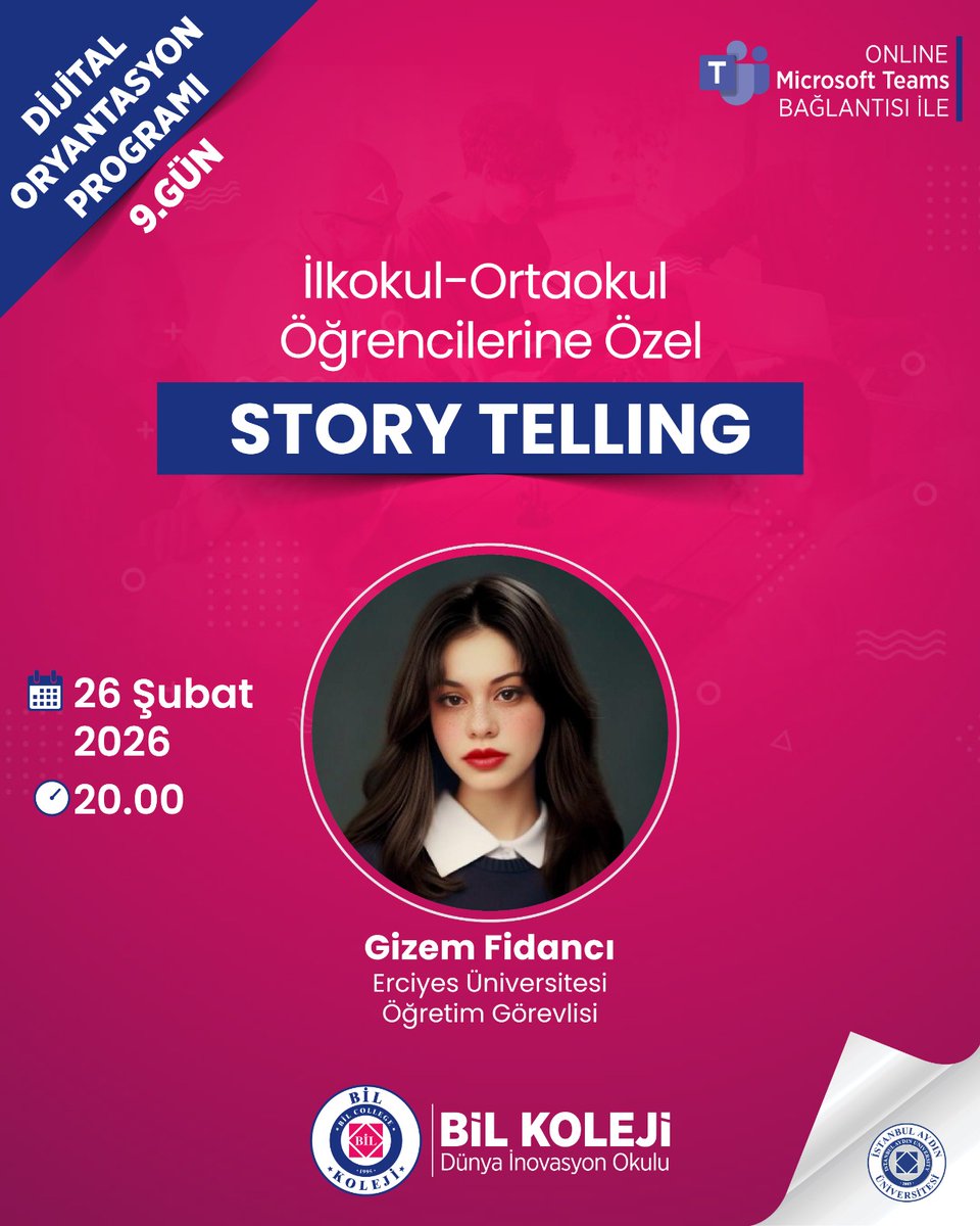 2026-2027 eğitim öğretim döneminde bizimle ilk kez tanışacak ilkokul ve ortaokul öğrencilerimiz için Gizem Fidancı ile birlikte 26 Şubat Perşembe günü “STORY TELLING” yapılacaktır.