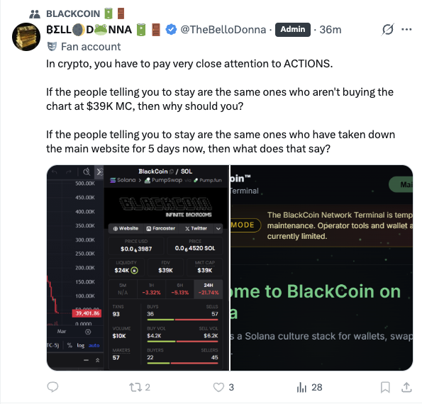 CircuitBr8ker23's tweet photo. Let it be known, Bellodanna is a straight up fraud. He holds 240M tokens of the OG BlackCoin and continuously keeps farming it while trying to get people to buy his other garbage he owns 50% of. Don’t fall for his bullshit because the only actions here are the idiotic ones he is making. 🤡