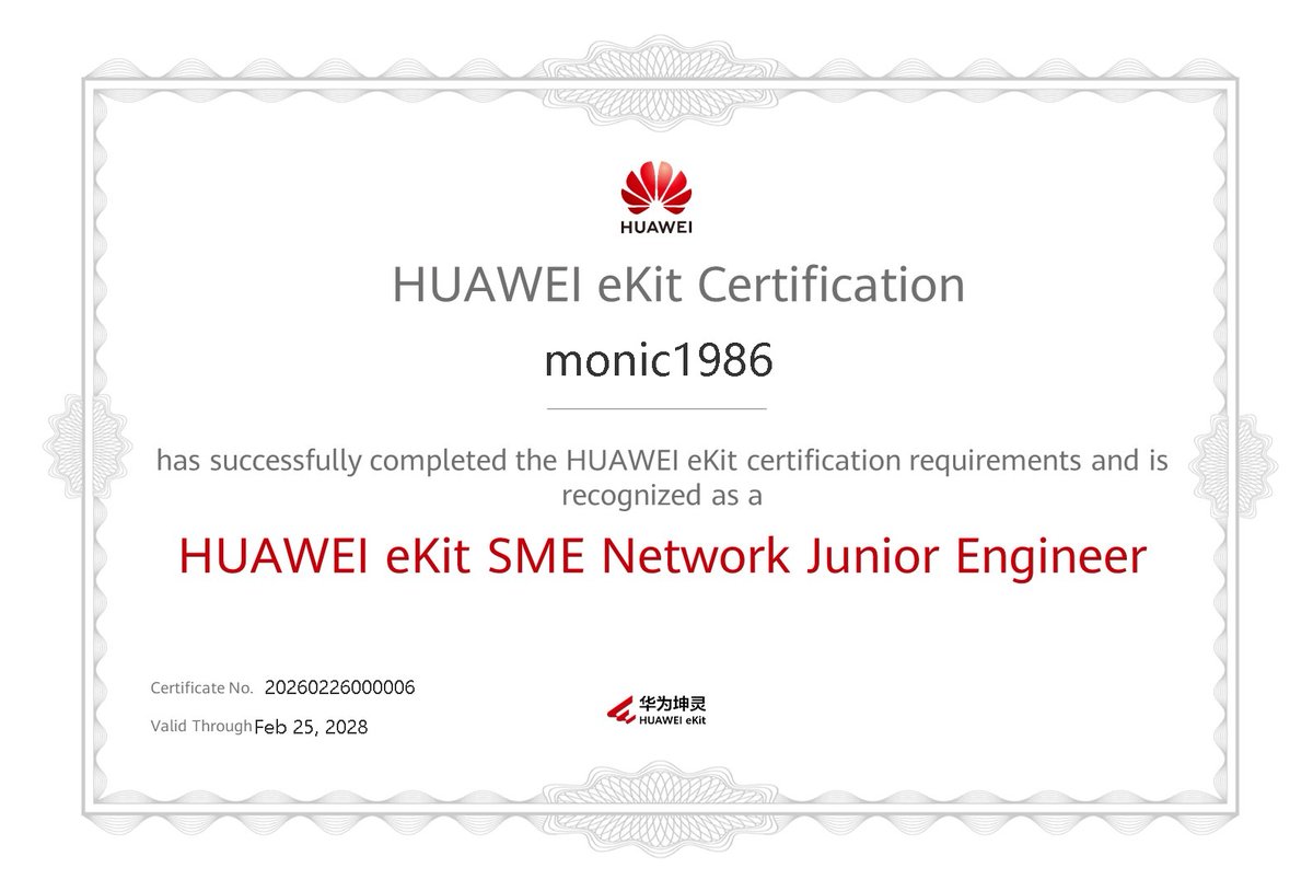 soscomputer2002's tweet photo. New milestone reached! ✅ Officially certified as a HUAWEI eKit SME Network Junior Engineer.

Ready to bring more value to the SME networking space. Onward and upward! 💻🌐

#Huawei #Networking #ICT #TechCert #JuniorEngineer https://t.co/8XvV7kZJF0