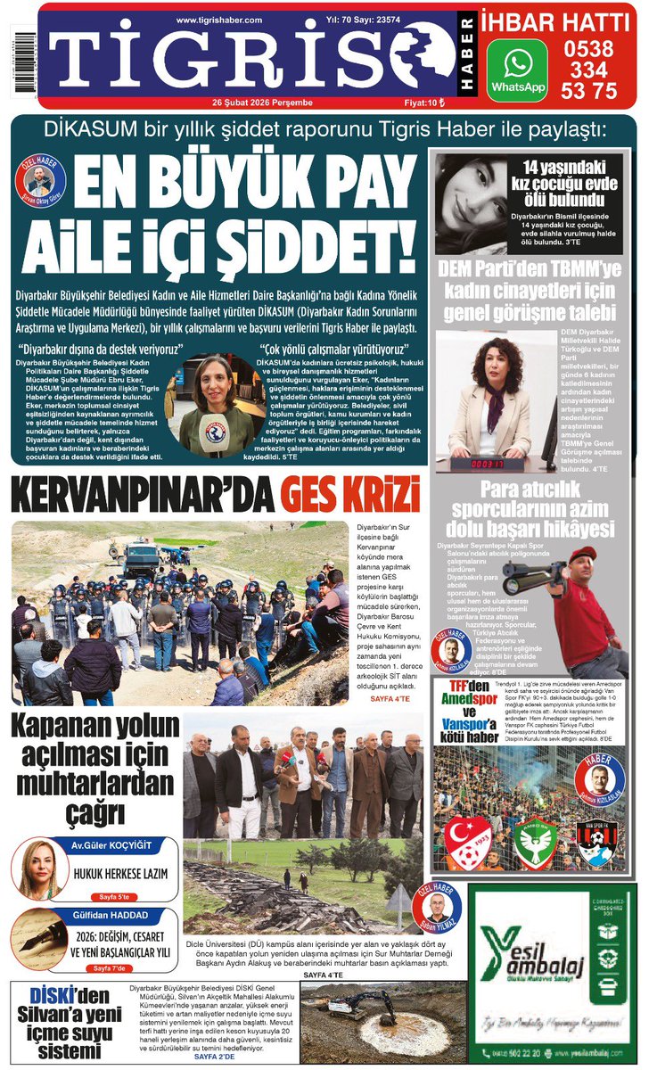 TigrisHaber's tweet photo. ☀️ Günaydın,

🟣 DİKASUM bir yıllık şiddet raporunu Tigris Haber ile paylaştı: 

🔵 “EN BÜYÜK PAY AİLE İÇİ ŞİDDET!”

📌Manşetiyle bayilerde, web sitemiz ve sosyal medya hesaplarımızla da telefonunuzdayız. #Diyarbakır #tigrishaber https://t.co/lX5lL13Zox