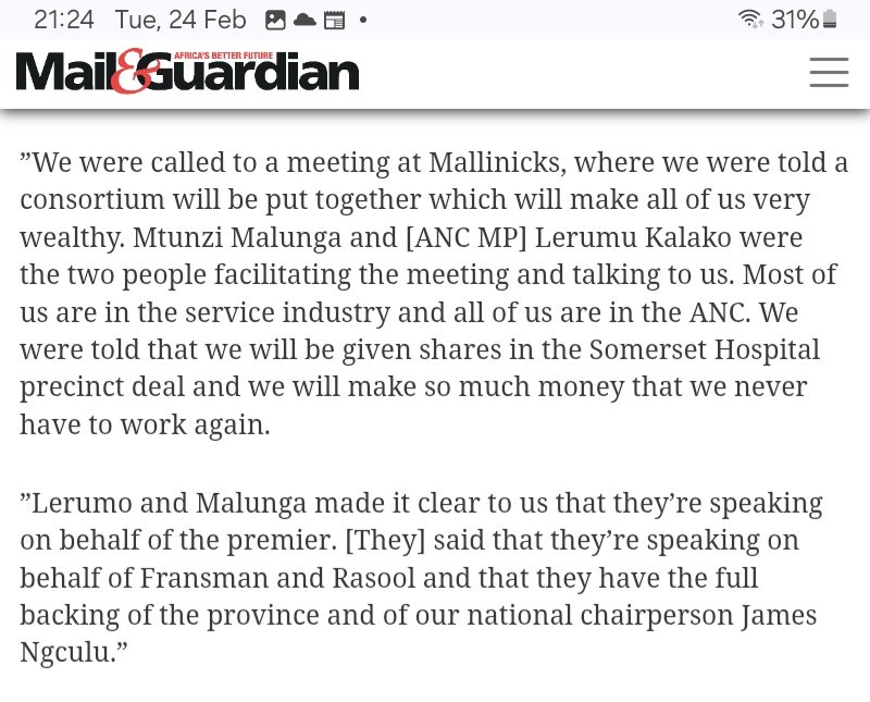 Oh, have you forgotten that former WC Premier Ebrahim Rasool and Marius Fransman sold one of CT's prime assets, the V &amp; A Waterfront to Dubai World, and also attempted to sell Somerset Hospital to the same Dubai Consortium, with massive kickbacks to ANC linked politicians? 👇