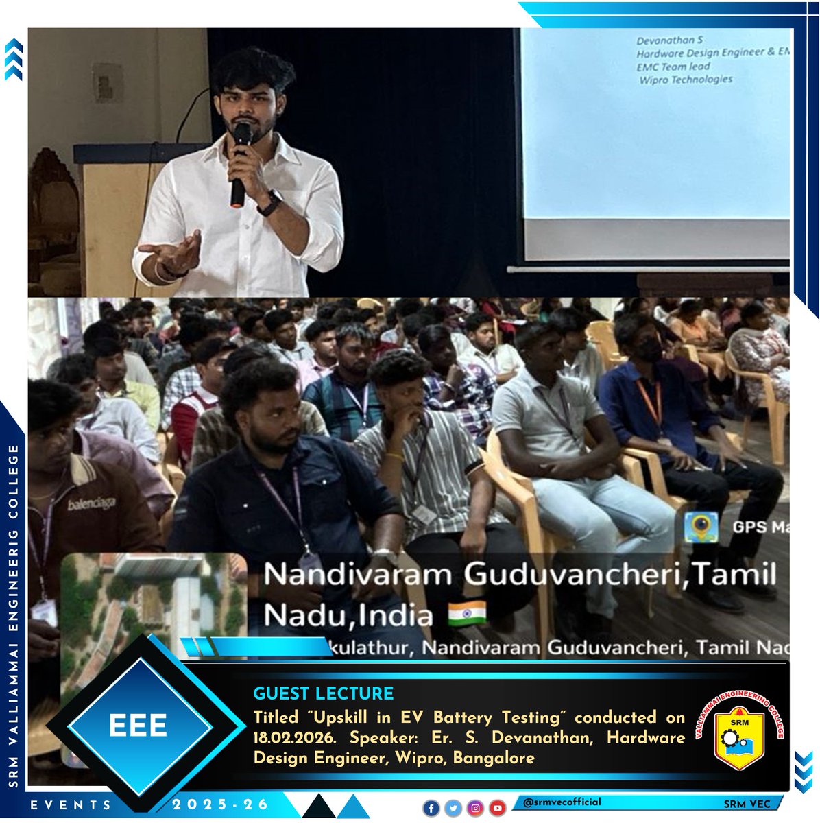 srmvecofficial's tweet photo. Dept. fo EEE, organized a Guest Lecture titled “Upskill in EV Battery Testing” on 18.02.2026 for the benefit of EEE students. #SRMVEC #EEE #GuestLecture #EVBattery #ElectricVehicles #BatteryTesting #RenewableEnergy #IEEE #IIC #ISTE #Innovation #EngineeringEducation https://t.co/DEe5Dy3x8L