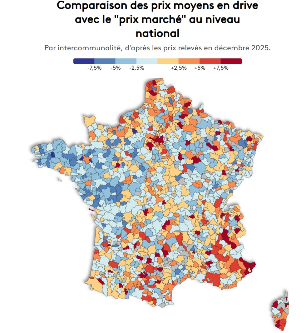 InfosFrancaises's tweet photo. Consommation : pour un même chariot au supermarché, le ticket de caisse n'affiche pas le même tarif selon les régions. 
Franceinfo, en collaboration avec le 20 heures de France 2, publie une carte à partir de l'indice des prix de plus de 6600 drives de chaque enseigne répartis en France, à l'échelle des intercommunalités. 
+11% au-dessus de la moyenne nationale dans la métropole du Grand Paris, +8% à Toulouse, +7,4 à Lyon... En dehors des grandes villes, les magasins de proximité poussent aussi la moyenne des prix vers le haut dans certaines zones rurales ainsi que dans les régions montagneuses. C'est dans le Nord-Ouest de la France que les prix sont les plus bas.
