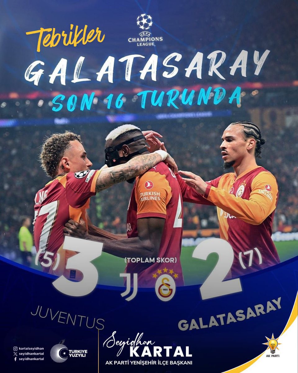 seyidhankartal's tweet photo. UEFA Şampiyonlar Liginde zorlu rakibini eleyerek tur atlayan Galatasaray Futbol Takımımızı ve tüm taraftarlarını tebrik ediyorum. 🇹🇷 https://t.co/eHDkQwBUPb