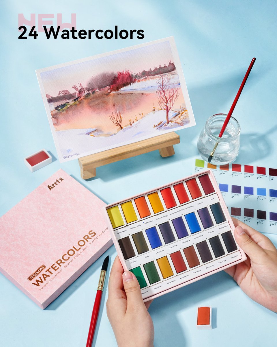 ArrtxArt's tweet photo. Meet the new #Arrtx 24-Color Solid Watercolor Paint Set.🙌🎨
🌈Pure &amp; Vibrant: High single-pigment ratio for brilliant, high-saturation colors. 
☀️Fade-Proof: Up to 5-star lightfastness (Blue Wool Scale) to keep your art vivid forever.
https://t.co/EiXkJLUUXE https://t.co/zRADx8wyf8