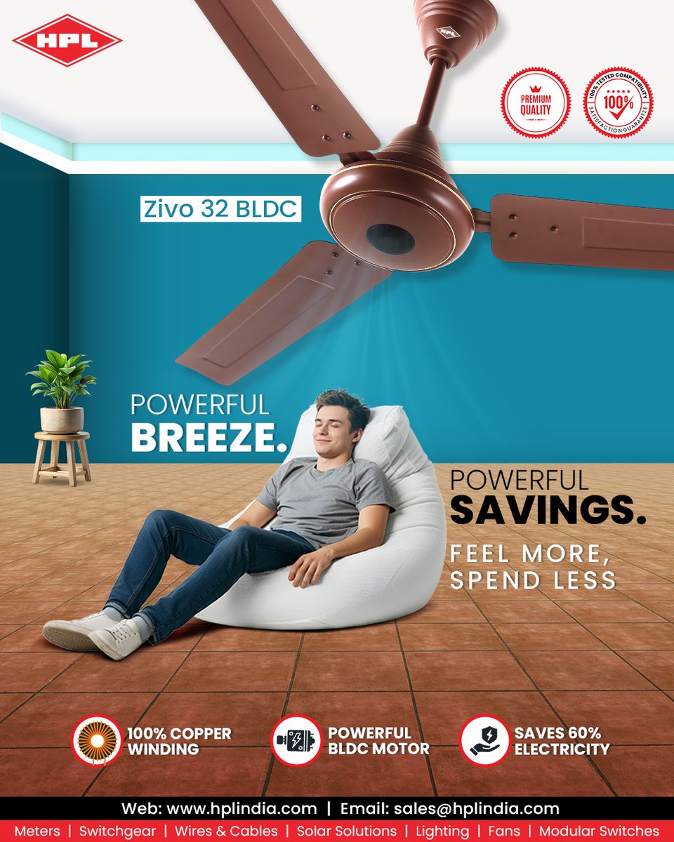 HPL_Official's tweet image. Cool comfort without heating up your bill ⚡🌬️
Zivo 32 BLDC delivers a powerful, whisper-quiet breeze with up to 60% energy savings. 100% copper winding. High-efficiency BLDC motor. 
Built to run smarter, longer, stronger.

#HPLIndia #BLDCFan #EnergyEfficient