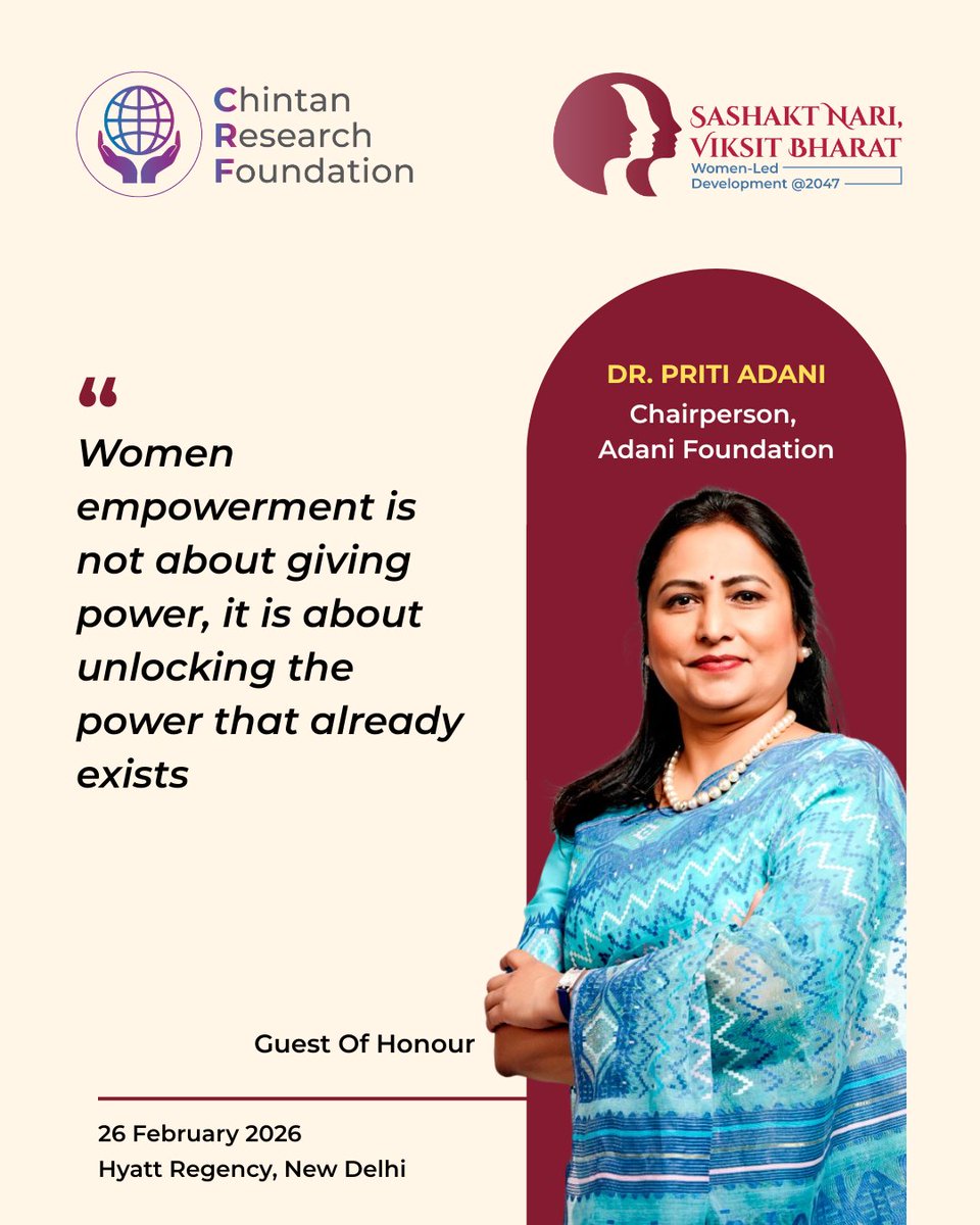 ChintanResearch's tweet photo. #CRFLive
Dr @AdaniPriti, Chairperson, @AdaniFoundation, addresses the gathering as Guest of Honour at CRF #SashaktNariViksitBharat.

“We have seen the needle shift towards women-led empowerment. What changed? Not charity. Not sympathy. Opportunity.”

A powerful reminder that #Empowerment begins with access and agency.

Stay tuned for more live updates!

@DrCchaviVasisht | @karn_kedar
#WomenLedDevelopment #WomenEmpowerment #ViksitBharat2047 #CRFDialogue #ChintanResearchFoundation