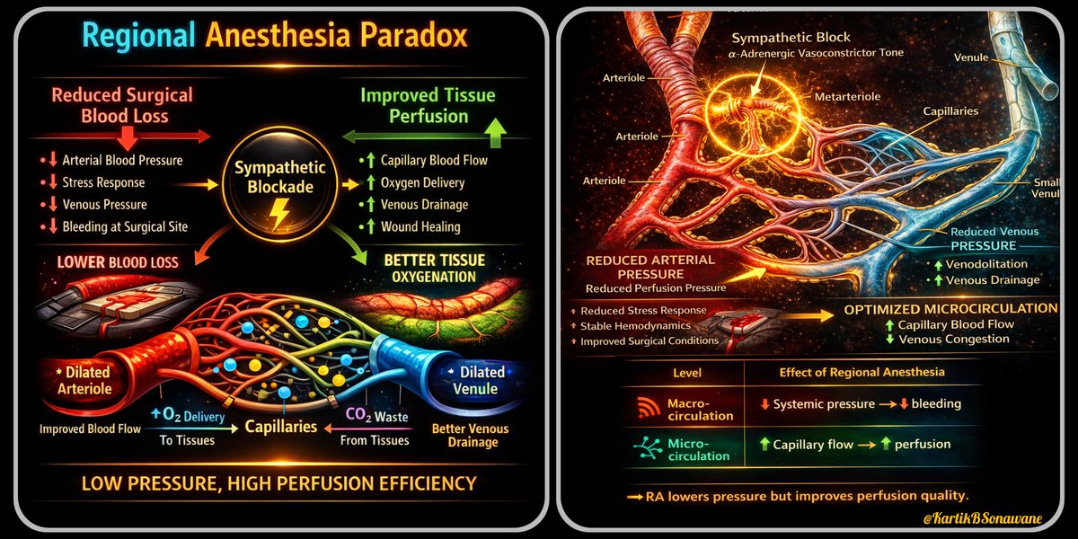 KartikBSonawane's tweet photo. 🧠 REGIONAL ANESTHESIA PARADOX: Why RA ↓ Blood Loss but ↑ Tissue Perfusion
#RegionalAnesthesia #RAEducation #AnesthesiaEducation #UltrasoundGuidedBlocks #MedicalEducation #RegionalAnesthesiaParadox #Microcirculation
#TipOfTheDay #MyRATips
Tip of the Day:
During RA, Surgeons often notice:
🟢 Less bleeding
🟢 Better surgical field
🟢 Improved tissue perfusion
But physiologically
👉 Isn’t vasodilation supposed to increase bleeding?
Let’s decode the paradox.
⚡ CORE CONCEPT
RA simultaneously produces:
⬇️ Macrocirculatory pressure
⬆️ Microcirculatory perfusion
➡️ Same intervention
➡️ Different circulatory levels
🔵 1️⃣ THE MASTER MECHANISM (Sympathetic Blockade) :
RA causes Controlled Sympathectomy
🟡 Local anesthetics block
➡️ Somatic nerve fibers
➡️ Sympathetic efferent fibers
👉 Sympathetic fibers are highly sensitive → functional sympathectomy
🟢 Physiological Consequences
✔ Loss of α-adrenergic vasoconstrictor tone
✔ Arteriolar dilation
✔ Increased venous capacitance
✔ Suppression of surgical stress response
🔬 2️⃣ MICROCIRCULATORY EFFECT (Improved Tissue Perfusion) :
🟢 A. Arteriolar Vasodilation (ARTERIAL END):
Sympathetic blockade causes:
⬇️ Peripheral vascular resistance
⬆️ Capillary recruitment
⬆️ Oxygen delivery
👉 RA improves microvascular perfusion, not large-vessel flow.
🟢 Better tissue oxygenation
🟢 Improved wound healing
🟢 Reduced ischemia
🟢 Enhanced graft survival
➡️ Vasoconstricted tissue → Nutritively perfused tissue
🟢 B. Redistribution of Blood Flow by RA (CAPILLARY BED):
🟢 Opens dormant capillary beds
🟢 Enhances nutritive circulation
🟢 Reduces microvascular shunting
👉 Mild hypotension but effective perfusion increases
🟢 C. Improved Venous Drainage (VENOUS END):
Venodilation produces
🟢 Reduced venous congestion
🟢 Decreased interstitial edema
🟢 Lower compartment pressure
✔ Optimized inflow
✔ Efficient outflow
➡️ Enhanced microcirculation
🩸 3️⃣ WHY LESS SURGICAL BLEEDING
Despite vasodilation → bleeding decreases
🔴 Mechanism 1 - Reduced Perfusion Pressure
RA causes:
⬇️ Controlled hypotension
⬇️ Arterial inflow pressure
🩸 Bleeding ∝ Perfusion Pressure
👉 Lower pressure → Less blood loss
🔴 Mechanism 2 - Stress Response Suppression
Blocking nociceptive input reduces:
⬇️ Catecholamine release
⬇️ Cortisol surge
⬇️ Renin–angiotensin activation
Results:
🟢 Less tachycardia
🟢 Less hypertension
🟢 Reduced capillary bleeding
👉 RA prevents sympathetic surges seen with GA.
🔴 Mechanism 3 - Reduced Venous Oozing
Most operative bleeding is venous.
RA:
⬇️ Muscle tone
⬆️ Venous drainage
⬇️ Venous pressure
👉 Less venous engorgement → Cleaner surgical field
🔴 Mechanism 4 - Improved Surgical Conditions
RA provides:
✔ Muscle relaxation
✔ Hemodynamic stability
✔ Reduced tissue trauma
Consequences:
🟢 Clear surgical planes
🟢 Shorter operative duration
🟢 Secondary reduction in blood loss
⚖️ 4️⃣ MICRO vs MACROCIRCULATION (Resolving the Paradox) :
🔴 Macrocirculation
⬇️ Systemic pressure → ⬇️ Surgical bleeding
🟢 Microcirculation
⬆️ Capillary flow → ⬆️ Tissue perfusion
👉 RA lowers pressure but improves perfusion quality
🌿 5️⃣ PHYSIOLOGICAL ADVANTAGES :
🟢 Improved Oxygen Utilization → Enhanced oxygen extraction
🟢 Reduced Hypercoagulability → Lower thrombosis risk
🟢 Endothelial Protection → Preserved microvascular integrity
🧩 CONCEPTUAL Transformation
FROM
🔴 High-pressure & Poorly perfused circulation
TO ⬇️
🟢 Low-pressure & Well-perfused circulation
⭐ TAKE HOME
RA reduces blood loss despite VASODILATATION via
✔ Sympathetic Modulation,
✔ Microcirculatory Recruitment,
✔ Neurohumoral Attenuation.