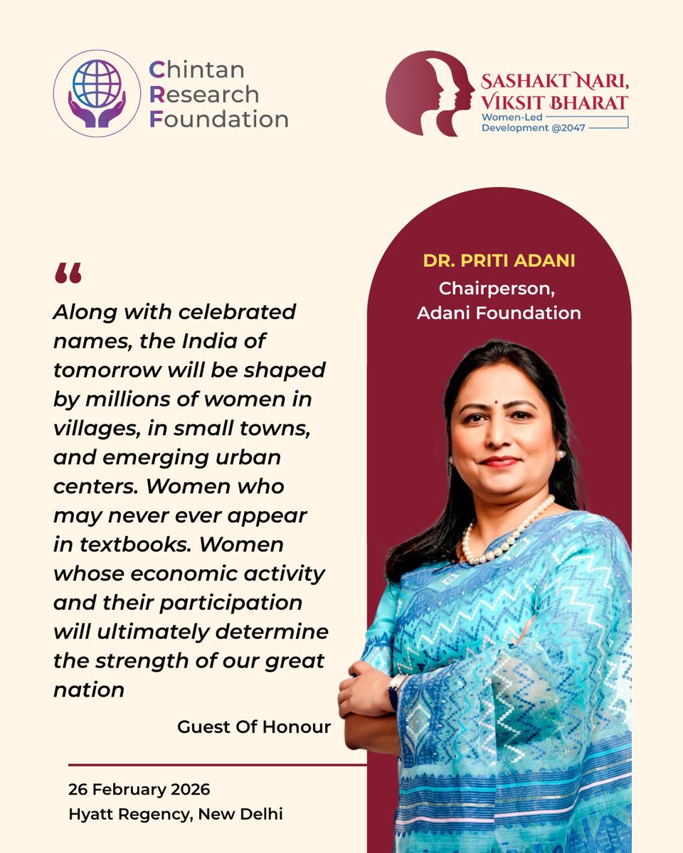 ChintanResearch's tweet photo. #CRFLive
Dr @AdaniPriti, Chairperson, @AdaniFoundation, addresses the gathering as Guest of Honour at CRF #SashaktNariViksitBharat.

“We have seen the needle shift towards women-led empowerment. What changed? Not charity. Not sympathy. Opportunity.”

A powerful reminder that #Empowerment begins with access and agency.

Stay tuned for more live updates!

@DrCchaviVasisht | @karn_kedar
#WomenLedDevelopment #WomenEmpowerment #ViksitBharat2047 #CRFDialogue #ChintanResearchFoundation
