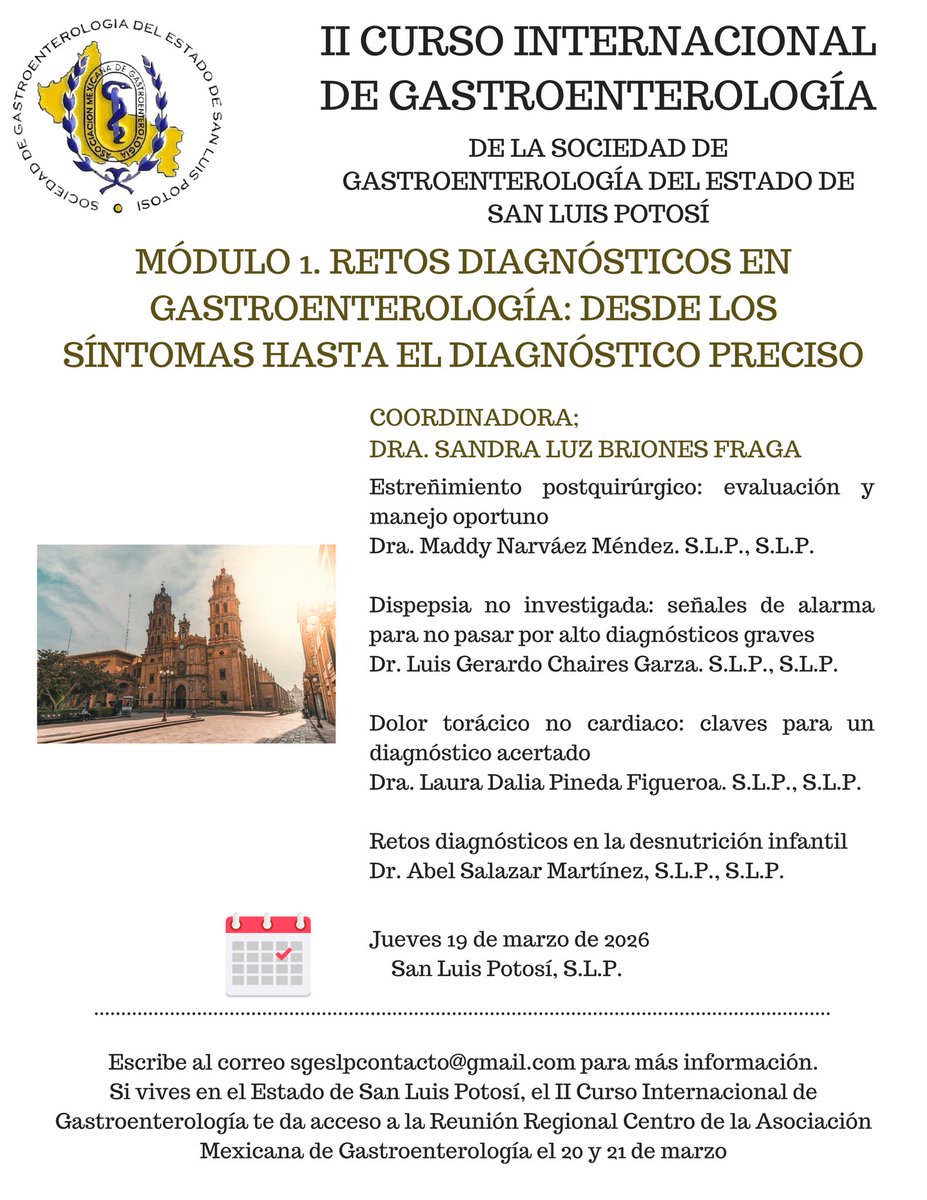 🩺📚 MÓDULO 1 | Retos Diagnósticos en Gastroenterología 

🗓️ 19 de marzo de 2026
📍 San Luis Potosí

✨ Forma parte del II Curso Internacional de Gastroenterología SGESLP
🔥 Y recuerda: si eres de SLP, tu inscripción te da acceso SIN COSTO a la Regional Centro AMG (20–21 marzo)