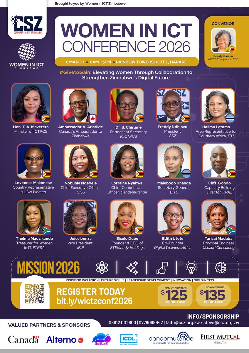 compsocietyzim's tweet photo. Be part of the Women in ICT Conference 2026 happening on the 6th of March at Rainbow Towers Hotel, Harare. 

This event celebrates women in technology and encourages learning, networking, and collaboration. Meet industry leaders and be inspired to soar in the digital world. Let’s work together to build a stronger digital future for Zimbabwe. 

Register now and don’t miss out. https://t.co/UQipA5td2C
@CanEmbZimbabwe @UshauriConsult @FMH_Health @DandemutandeZW