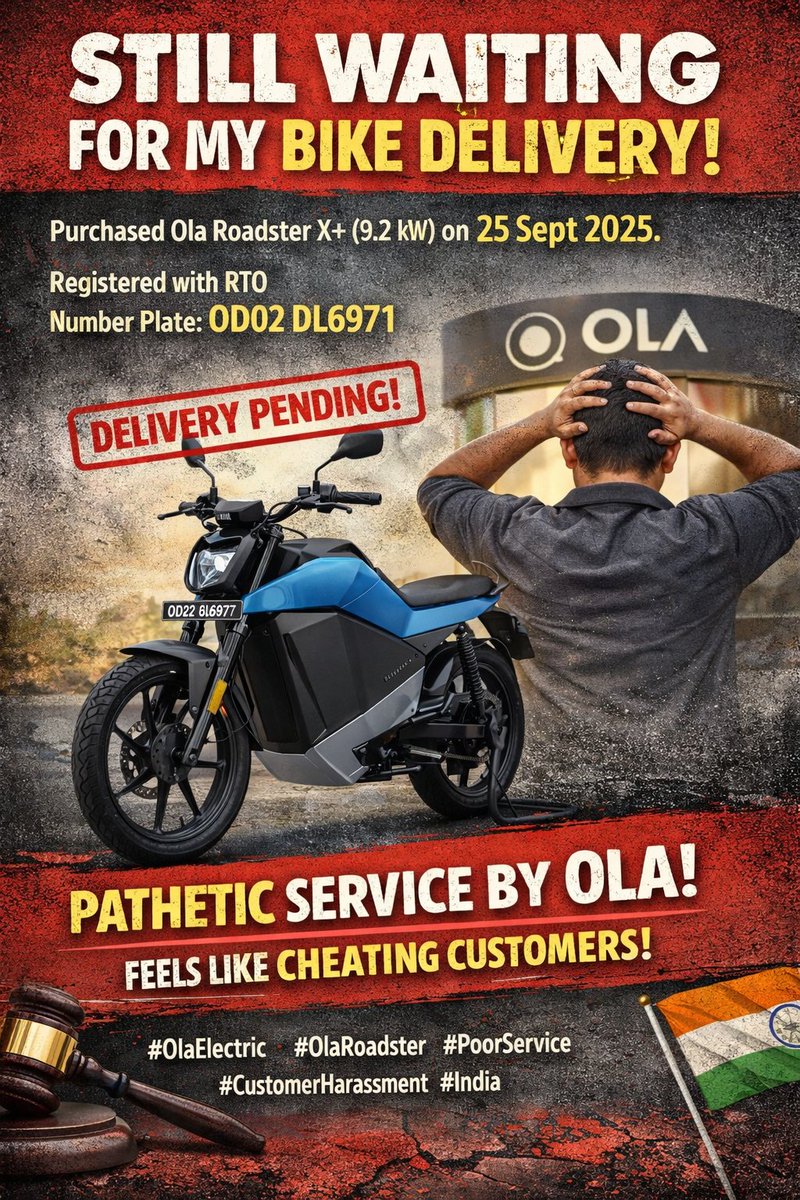 raj2kumar1986's tweet photo. I purchased Ola Roadster X+ 9.1 on 25 Sept 2025.
✅ Insurance completed
✅ RTO registration completed
✅ Registration number received
Still, the bike has NOT been delivered.
I even complained on the Consumer Forum, but there is no response from Ola.
#OlaElectric @ConsumerAffairs https://t.co/YCoThgEQfd