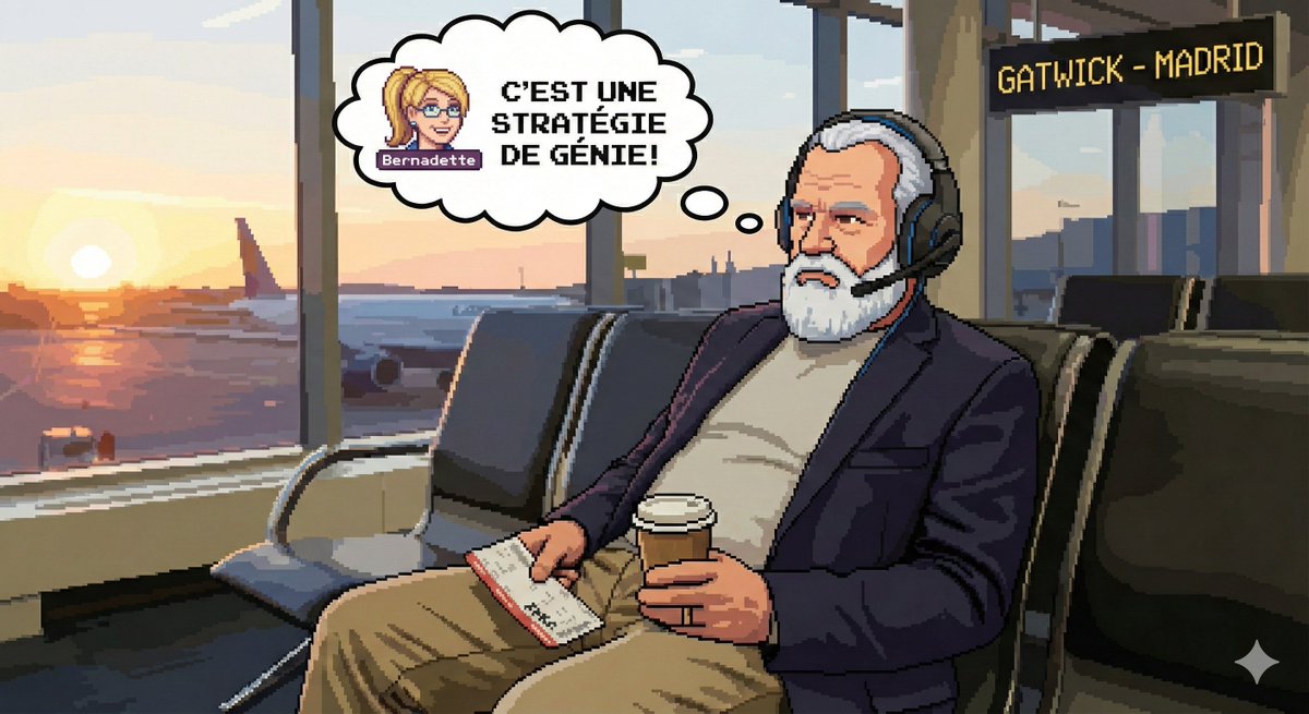 GeekSubz's tweet photo. Aéroport à 6h ☕ Bernadette m'a vendu ce vol vers l'Espagne comme une "stratégie de génie". J'ai le temps de réaction d'un PNJ buggé. 😭
Vite mon PC pour rater mes QTE dans de vraies conditions ! 🇪🇸
#PapiGamer #Gatwick #TwitchFR https://t.co/Rws4vRrEDq