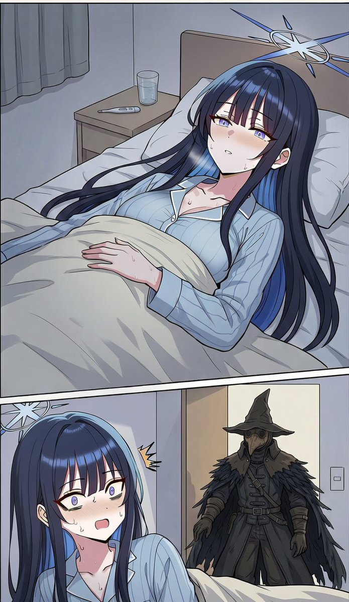 ブルーアーカイブ×ブラッドボーン
サオリ「風邪か……情けない…」
狩人先生「邪魔するぜ〜」 
サオリ「……!? 先生!?」
狩人先生「これは風邪の悪い気を吸い込まないための正装だ。ペストにも耐える(たぶん)。キッチン借りるからな」
サオリ「ちょ……」

狩人先生「お粥作った」 