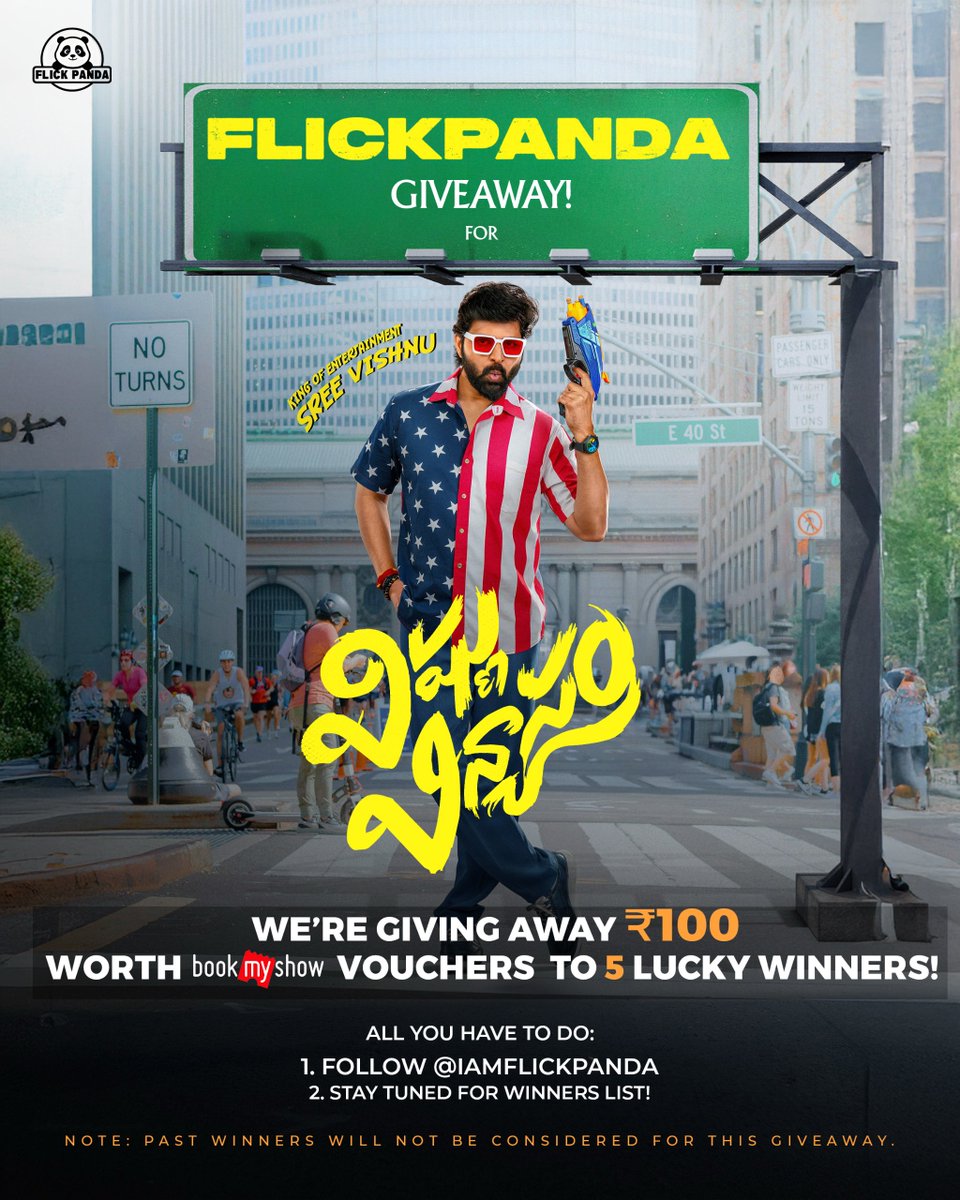 #FlickPanda GiveAway for #VishnuVinyasam Movie

✅ Follow [<a href="/IamFlickPanda/">FlickPanda</a>]
❤️ Like and 🔁 Retweet this post

🏆 Winners Announcement :
Tonight | 8 PM 

(100R Worth BMS Vouchers for 5)

For curated insights, credible exclusives &amp; Timeless cinema talk. stay with #FlickPanda