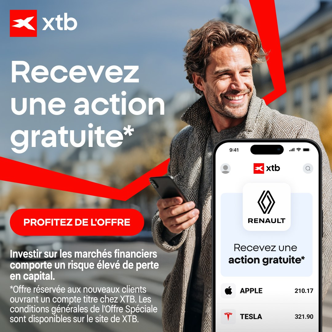 🎁 Une action Renault offerte pour chaque ouverture de compte 🎁

Découvrez le CTO chez notre partenaire XTB !

Vous souhaitez investir en bourse ? Mais avec un cadre simple et des avantages concrets. Faites fructifier votre capital avec le Compte Titre XTB et tirez le meilleur