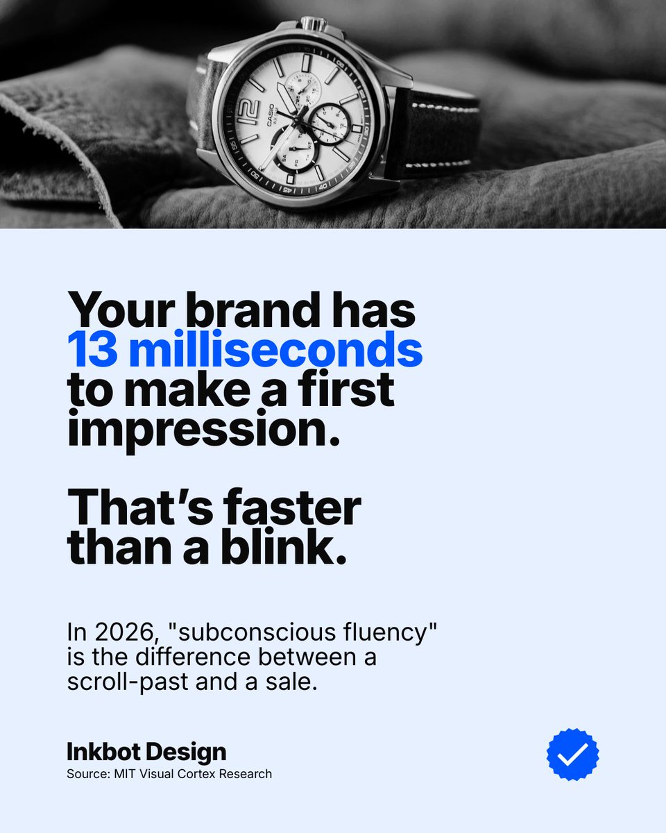 Inkbotdesign's tweet image. Your brand has 13 milliseconds to make a first impression. That’s faster than a blink. 

In 2026, "subconscious fluency" is the difference between a scroll-past and a sale.

#FirstImpressions