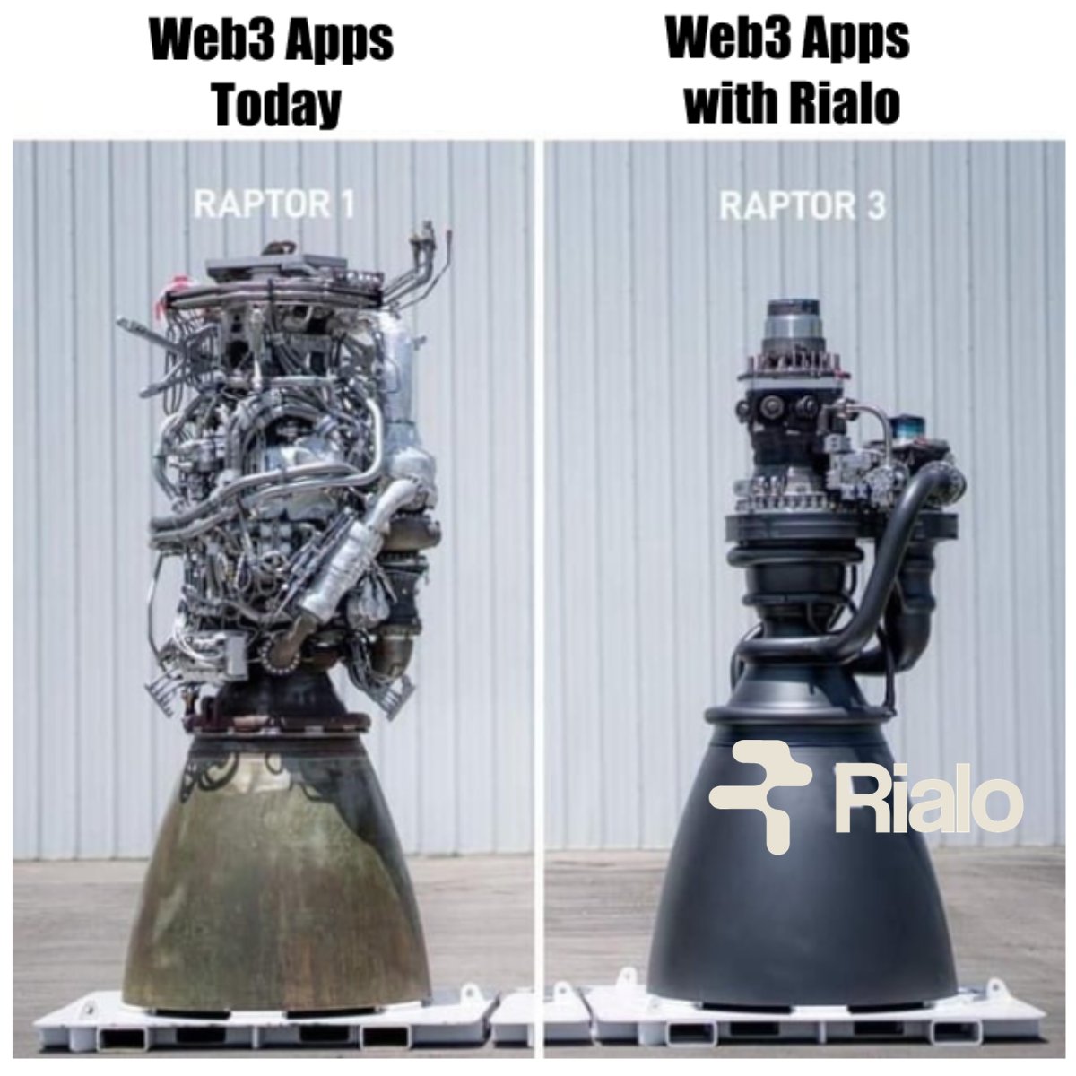 Powerful and optimistic comparison using rocket engines as a metaphor for Web3 evolution <a href="/RialoHQ/">Rialo</a> 

On the left, 'Web3 Apps Today' is represented by Raptor 1 complex, tangled, and overloaded with visible pipes and components. It symbolizes how today's Web3 experience often feels: