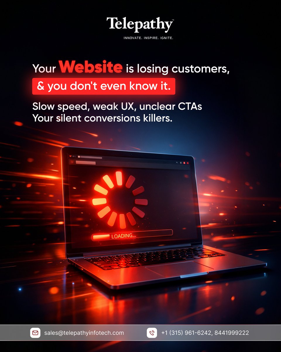 Telepathysocial's tweet photo. Your website may be losing customers due to slow speed or poor user experience.
Fix it and turn visitors into leads.

Get a FREE website audit today!

#WebsiteAudit #WebsiteOptimization #UXDesign #LeadGeneration #DigitalGrowth https://t.co/RDGlZF97y4