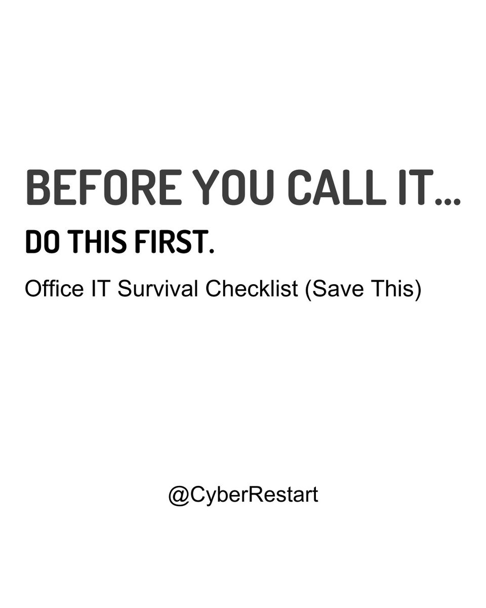 Before you call IT at work…
do these first.
Most “urgent” office tech problems are solved in under 2 minutes.
This checklist will save you time (and embarrassment). 🧵👇