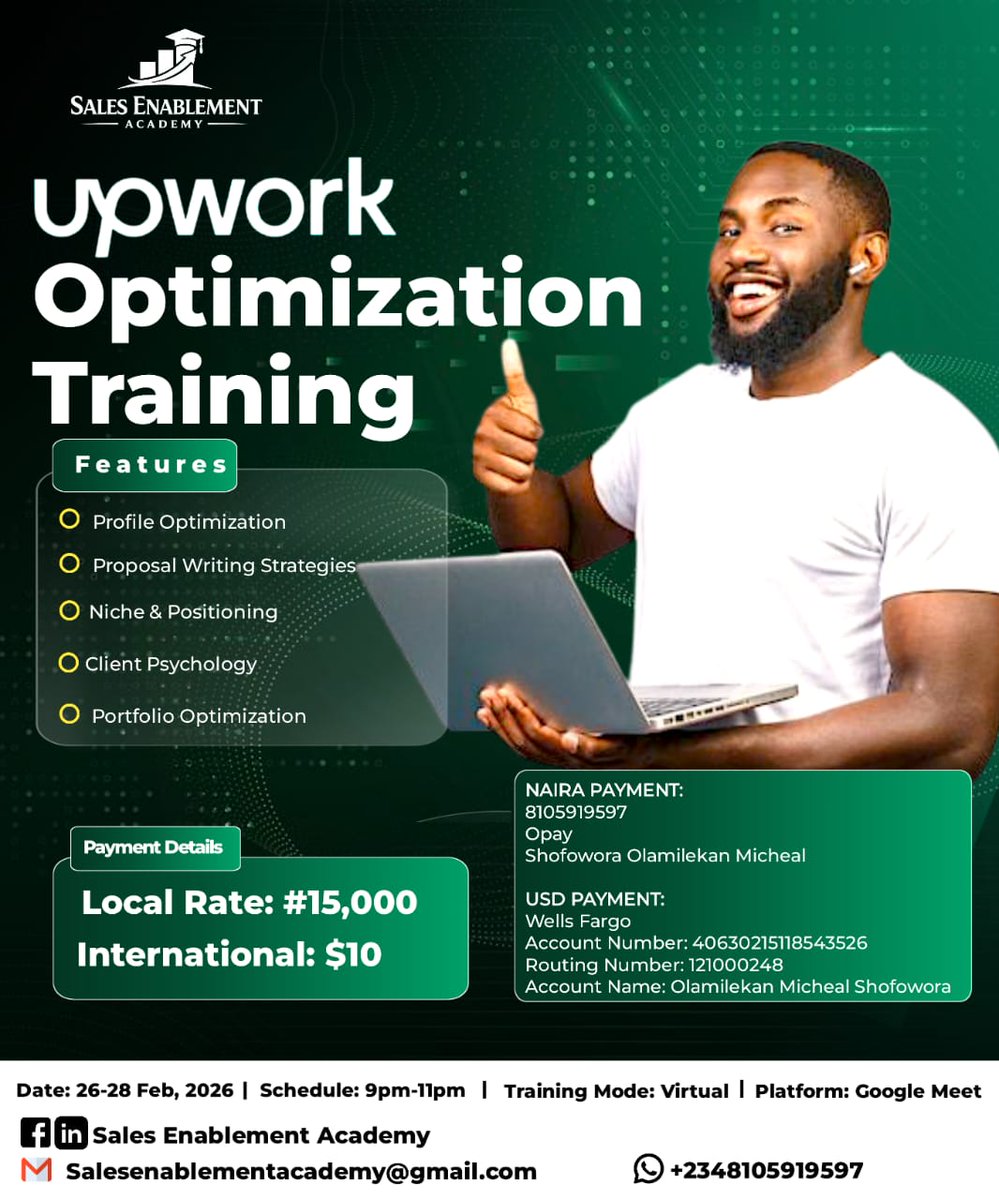 Sales_E_Academy's tweet photo. Upwork class starts TODAY.
No more guessing.
No more ignored proposals.
Last call.
Reply “JOIN” 👇
#UpworkTraining #SalesEnablementAcademy https://t.co/9c0CbsqXHW