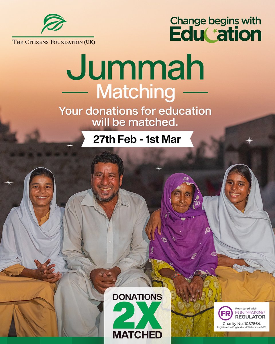 This Friday of Ramadan, your generosity can go twice as far. From 27th Feb to 1st March (Friday to Sunday), every Zakat, Sadaqah, and donation to TCF-UK will be matched. A single act of kindness will have twice the impact on millions of futures in Pakistan
Donate online