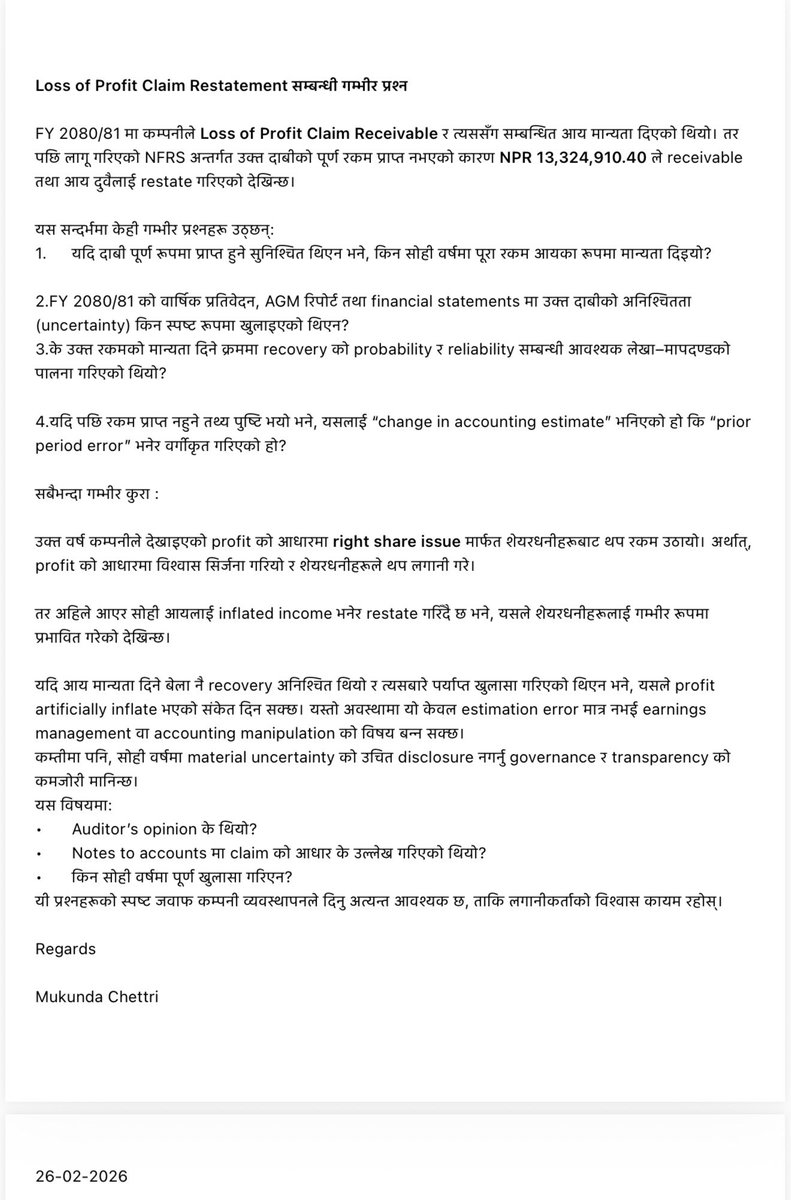 Mukunda_Chettri's tweet photo. Cc SEBON & #NEPSE
Please stop accounting manipulation as done by insiders.I humbly request the Board to:
1. Review accounting treatment group companies of #CHDC
2.Investigate related party transactions and subsidiary transparency of all complaints of #CHDC https://t.co/CoJkQ5NoRd