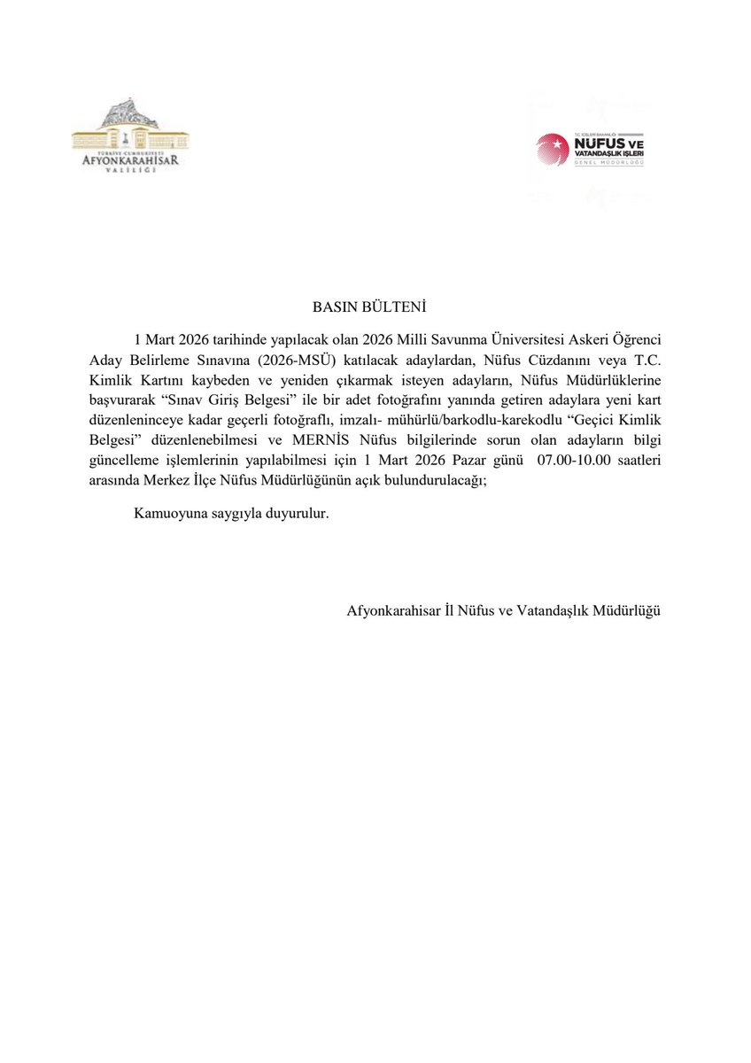 SINAV DUYURUSU (2026-MSÜ)🎈

<a href="/TCNufus/">Nüfus ve Vatandaşlık İşleri Genel Müdürlüğü</a> 
<a href="/AfyonValiligi/">T.C. Afyonkarahisar Valiliği</a> 
#HayatınızınHerAnında