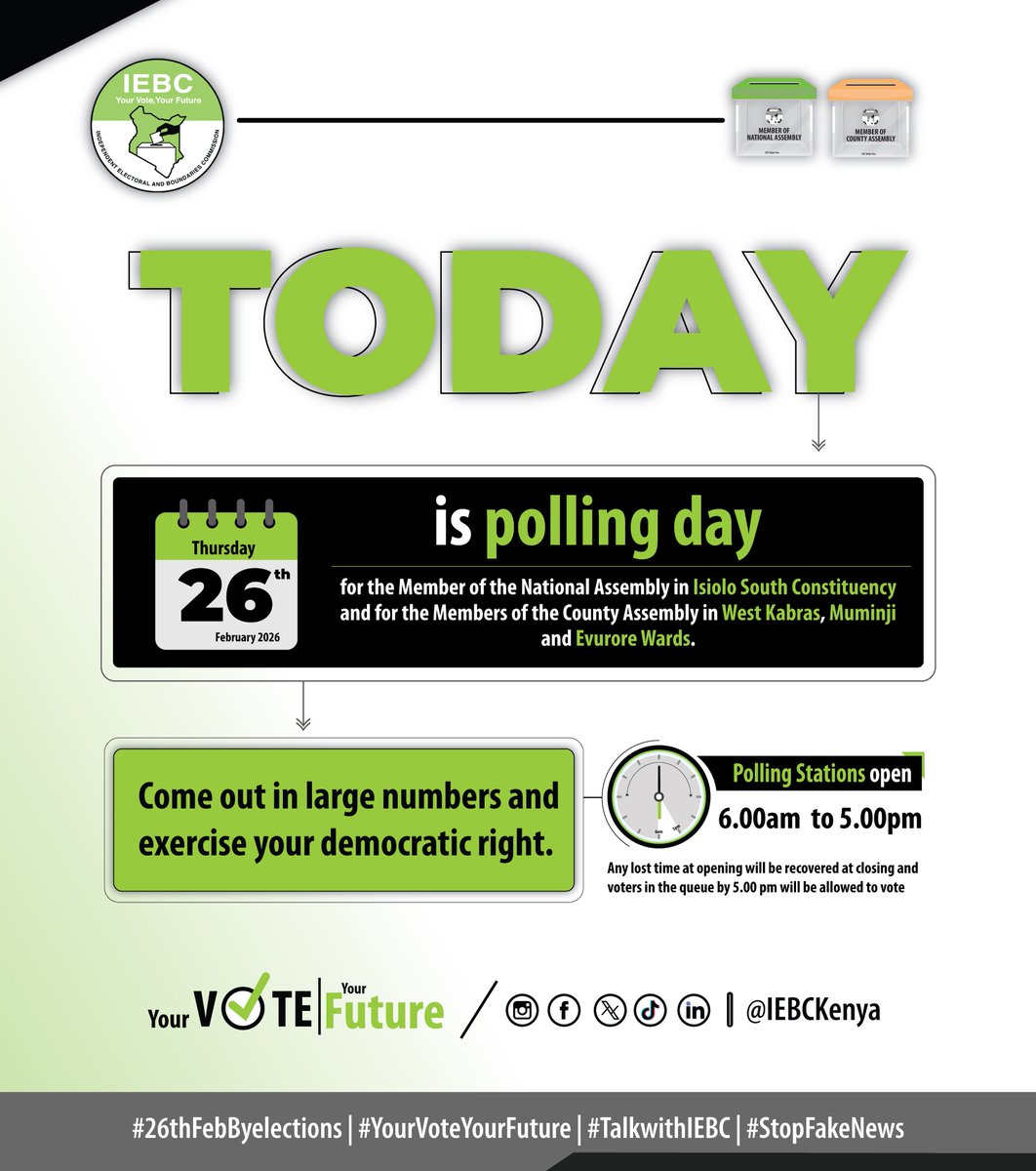 Today marks another important democratic moment as polling takes place for the Member of the National Assembly for Isiolo South Constituency and the Members of the County Assembly for West Kabras, Muminji, and Evurore Wards.

I call upon all registered voters in these electoral