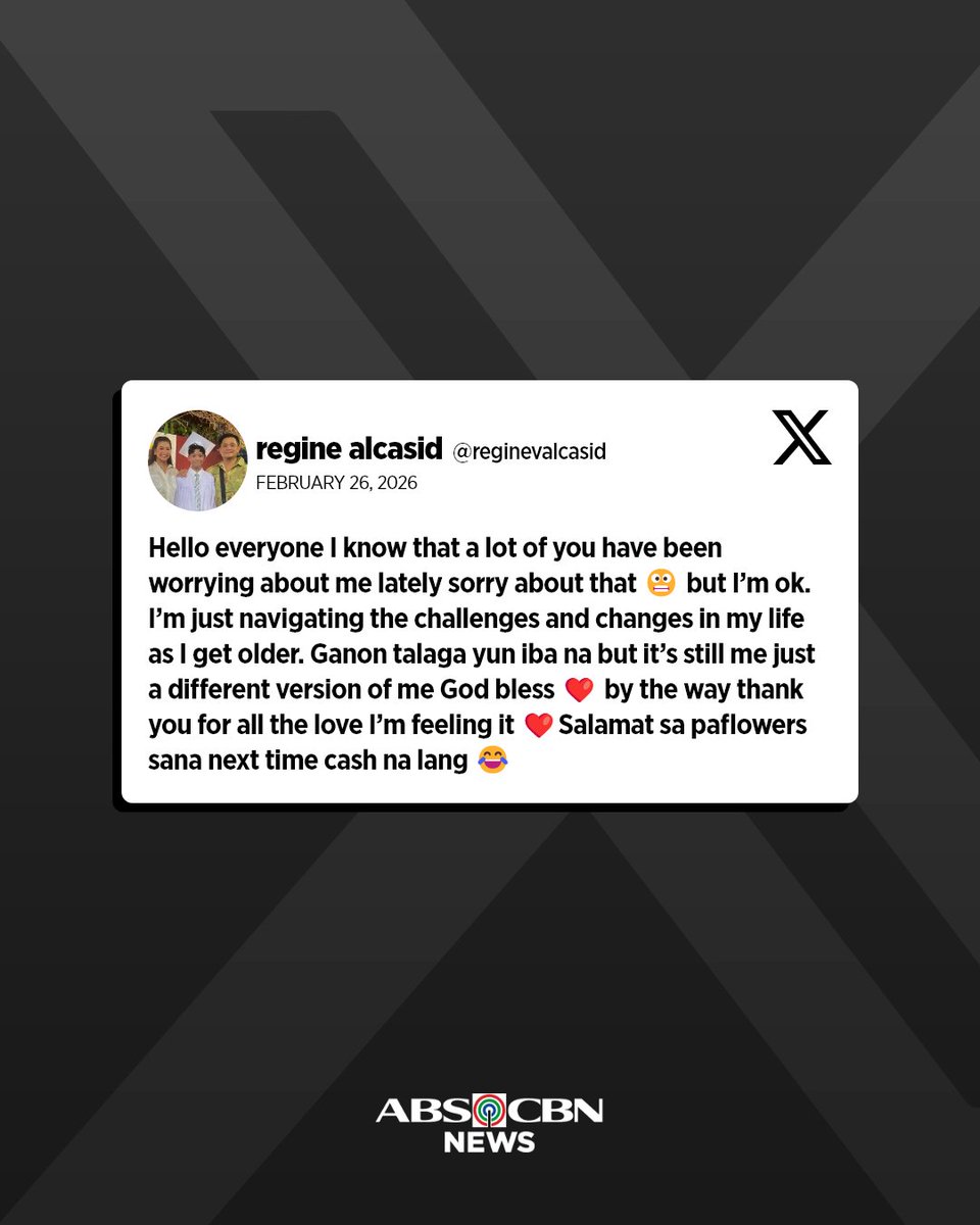 Asia's Songbird Regine Velasquez-Alcasid assured her fans regarding her condition after she recently opened up about experiencing anxiety in her recent performances.

Related: abs-cbn.com/entertainment/…