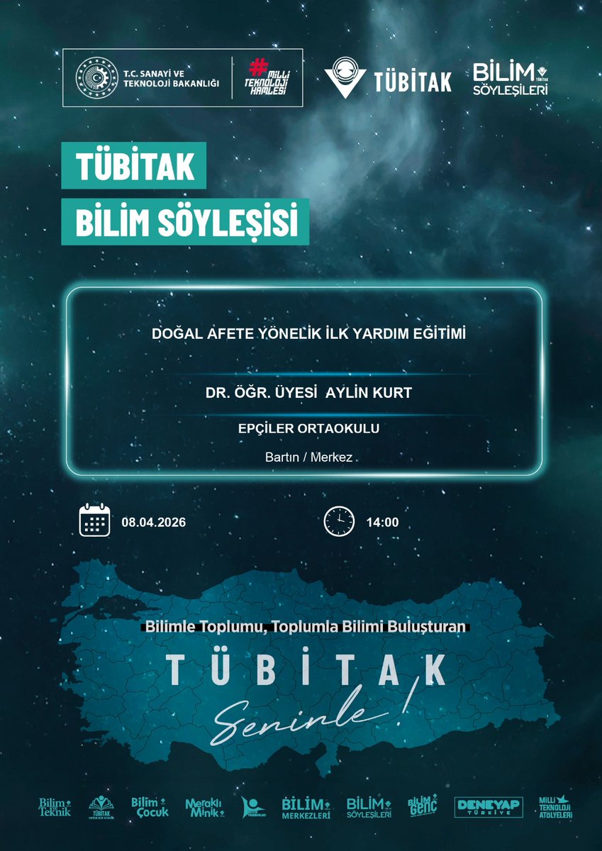 TÜBİTAK Bilim Söyleşileri kapsamında “Doğal Afete Yönelik İlk Yardım Eğitimi” konulu bir program düzenlenecektir. Söyleşide Dr. Öğr. Üyesi Aylin KURT öğrencilerimizle bir araya gelerek doğal afet durumlarında doğru ilk yardım uygulamaları hakkında önemli bilgiler paylaşacaktır.