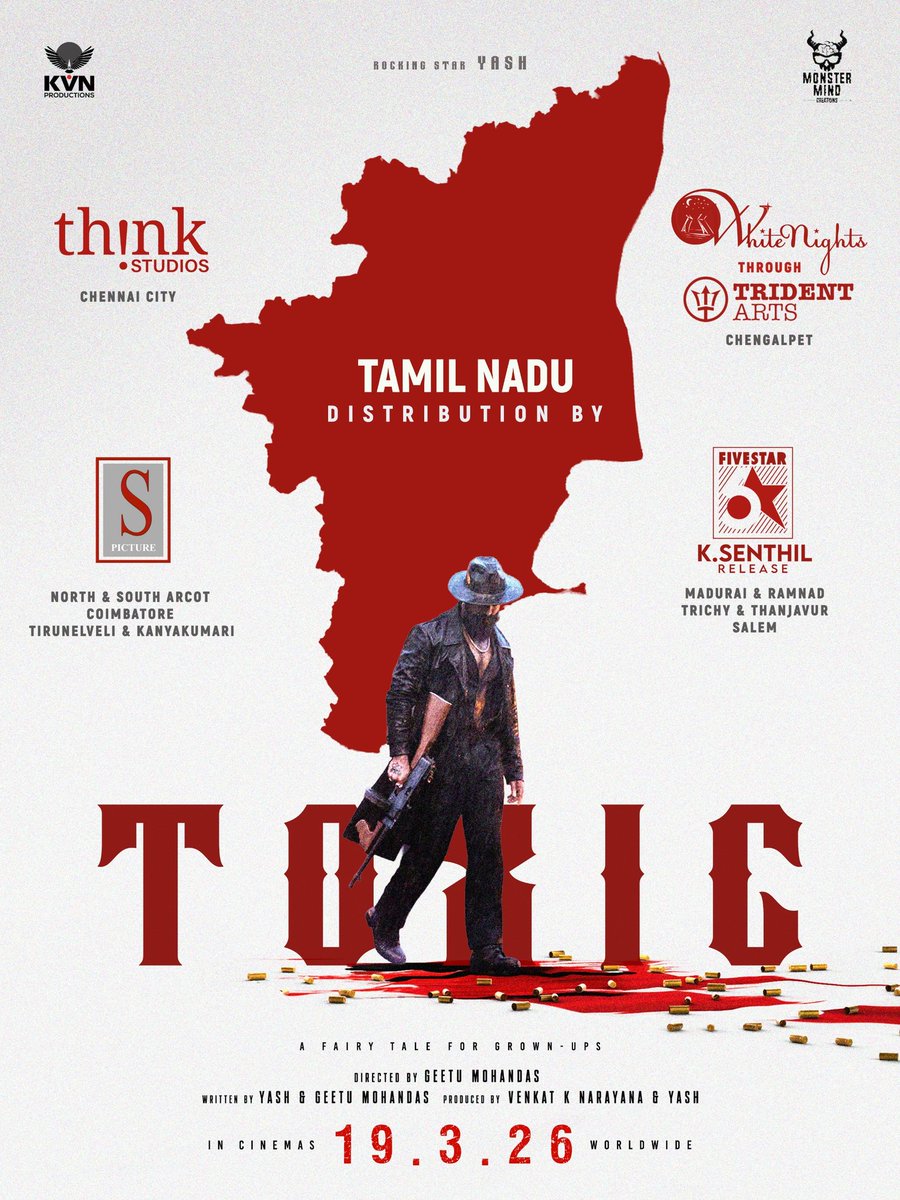 The Takeover continues🔥
Four powerhouse distributors join forces to unleash #Toxic across
Tamil Nadu: 
<a href="/ThinkStudiosInd/">Think Studios</a>
#SPictureFilms
#WhiteNightsEntertainment through <a href="/tridentartsoffl/">Trident Arts</a>
#5StarSenthil

#Toxic in cinemas worldwide from 19.03.2026.

#ToxicTheMovie
#ToxicOnMarch19th