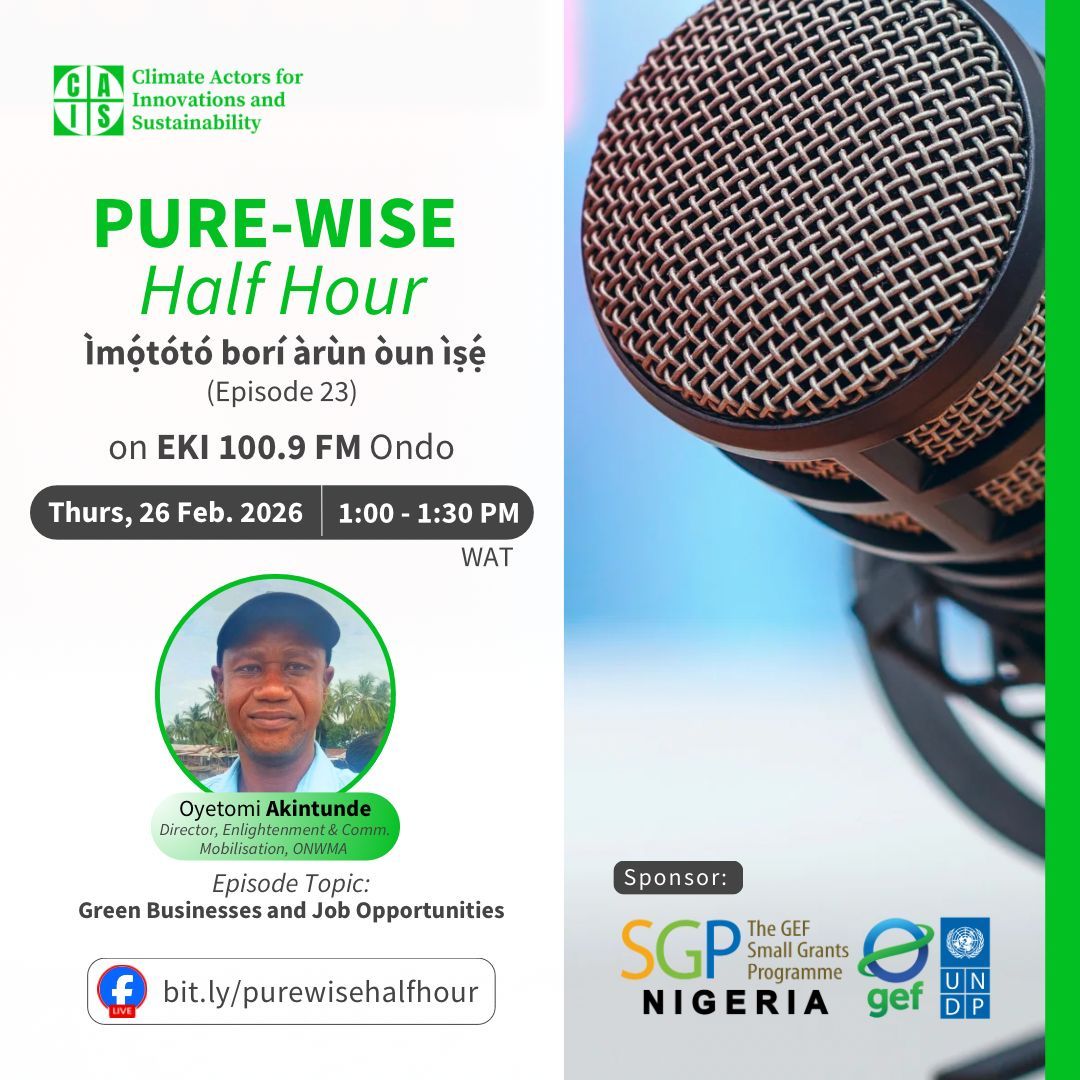 On the penultimate #PureWiseHalfHour, we spotlight business opportunities in caring for the environment

Join us today as we explore how communities can prosper while protecting the planet on bit.ly/purewisehalfho…

Big thanks to <a href="/GEF_SGP/">Small Grants Programme</a> @SGPNigeria.

#ReplacePlastic #GreenJobs