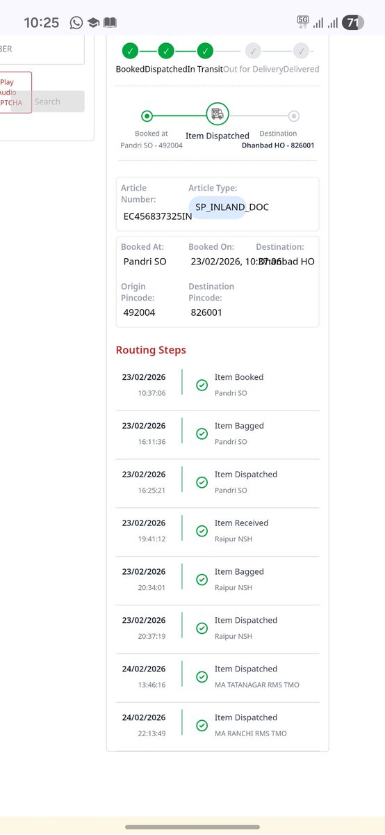 ManishS33361102's tweet photo. @IndiaPostOffice
Sir  my Speed Post (Consignment No: EC456837325IN) has not been updated since 24/02/2026 (Dispatched from Ranchi RMS).
This parcel contains very important job-related documents. If it is not delivered today, my job may get cancelled. https://t.co/kaCtFH6DlV