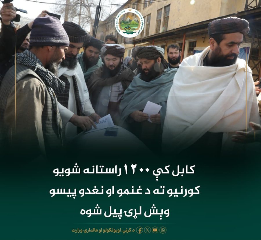 کرنې وزارت:

د عاليقدر امیرالمؤمنین حفظه‌الله د فرمان پر بنسټ د کرنې وزارت له لوري کابل ولایت کې ۱۲۰۰ راستانه شویو کډوالو کورنیو ته د غنمو او نغدو مرستو د وېش لړۍ پیل شوه.