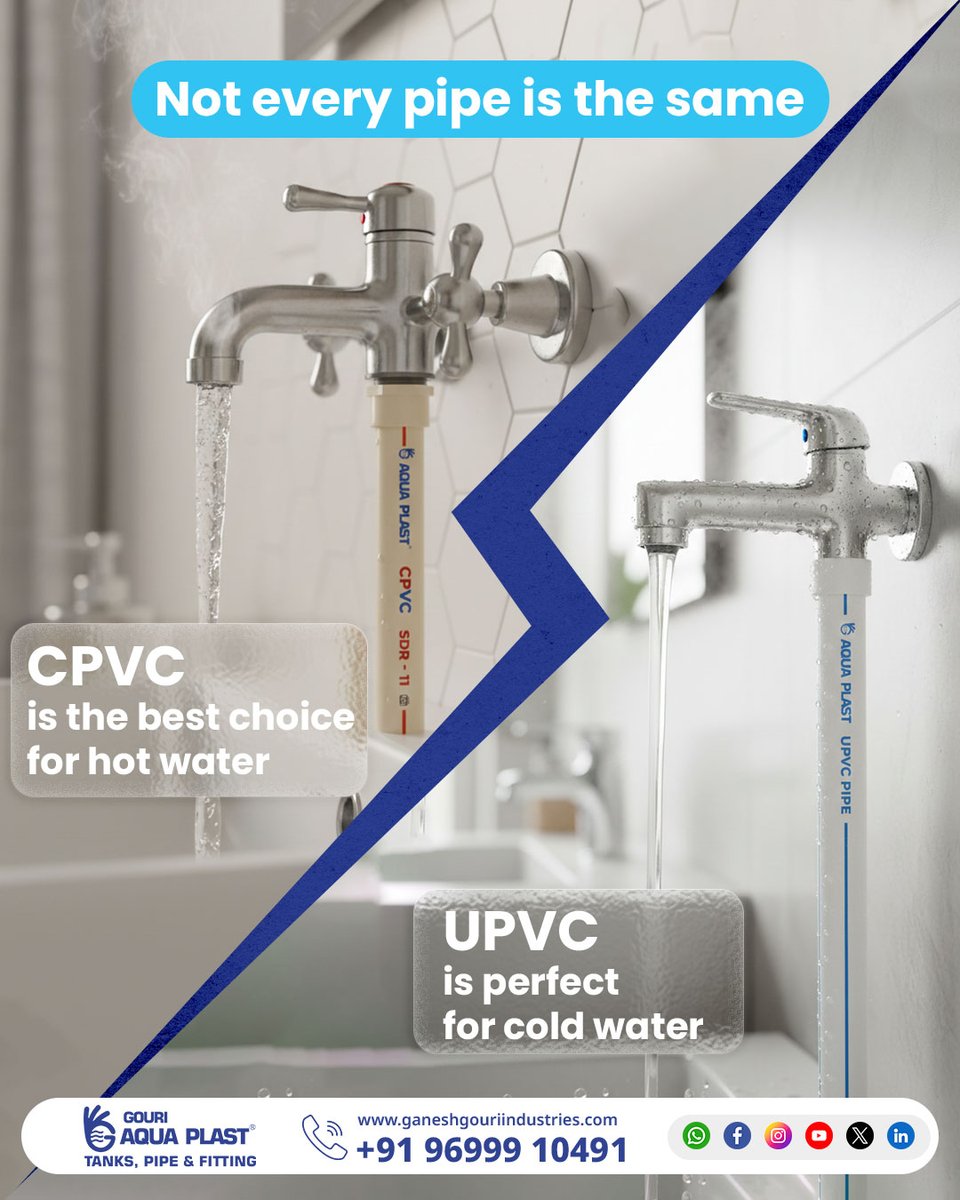 GouriAquaPlast's tweet image. Hot or cold — the right pipe makes all the difference. 

CPVC for hot water. UPVC for cold water.
Choose wrong, face leaks &amp;amp; repairs. Choose right, enjoy long-lasting, tension-free plumbing.

Build smart. Build strong. 

#GouriAquaPlast #CPVC #UPVC #Plumbing #WaterSolution