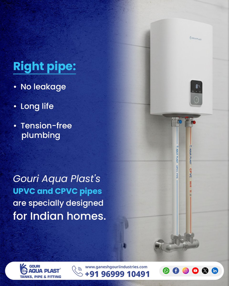 GouriAquaPlast's tweet image. Hot or cold — the right pipe makes all the difference. 

CPVC for hot water. UPVC for cold water.
Choose wrong, face leaks &amp;amp; repairs. Choose right, enjoy long-lasting, tension-free plumbing.

Build smart. Build strong. 

#GouriAquaPlast #CPVC #UPVC #Plumbing #WaterSolution