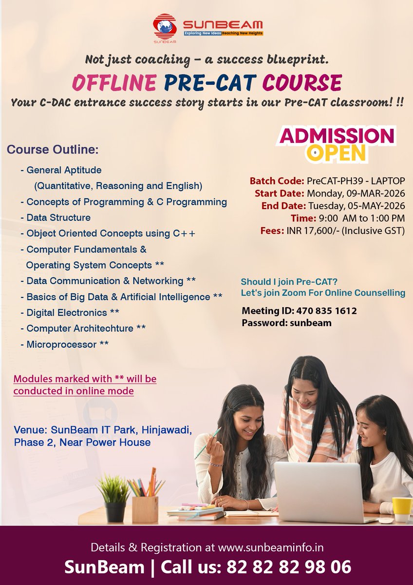 siitofficial's tweet image. 𝐀𝐝𝐦𝐢𝐬𝐬𝐢𝐨𝐧𝐬 𝐎𝐩𝐞𝐧 🚀 
Offline Pre-CAT | PH39-LAPTOP
📅 𝐒𝐭𝐚𝐫𝐭𝐬 𝟎𝟗-𝐌𝐚𝐫-𝟐𝟎𝟐𝟔
🎯 𝐂𝐂𝐀𝐓 𝐒𝐞𝐜𝐭𝐢𝐨𝐧𝐬 𝐀+𝐁+𝐂 

Register 👉 admission.sunbeaminfo.com/aspx/CourseSch…

#PreCAT #CDAC #CCAT #Sunbeam