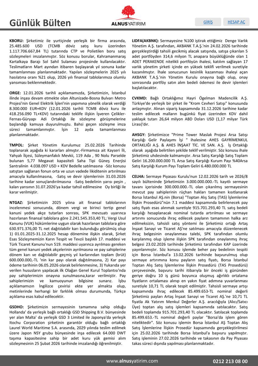 egelee34's tweet image. Alnus Yatırım Günlük Bülten (26.02.2026) 🚀

Günün Teknik Bazlı Hisse Önerileri:
🔹 #KARSN (Karsan): Destek 19.34 / 18.78 - Direnç 20.32 / 20.74
🔹 #ZOREN (Zorlu Enerji): Destek 5.72 / 5.56 - Direnç 6.04 / 6.20
🔹 #ALVES (Alves Kablo): Destek 45.48 / 44.12 - Direnç 47.96 / 49.08